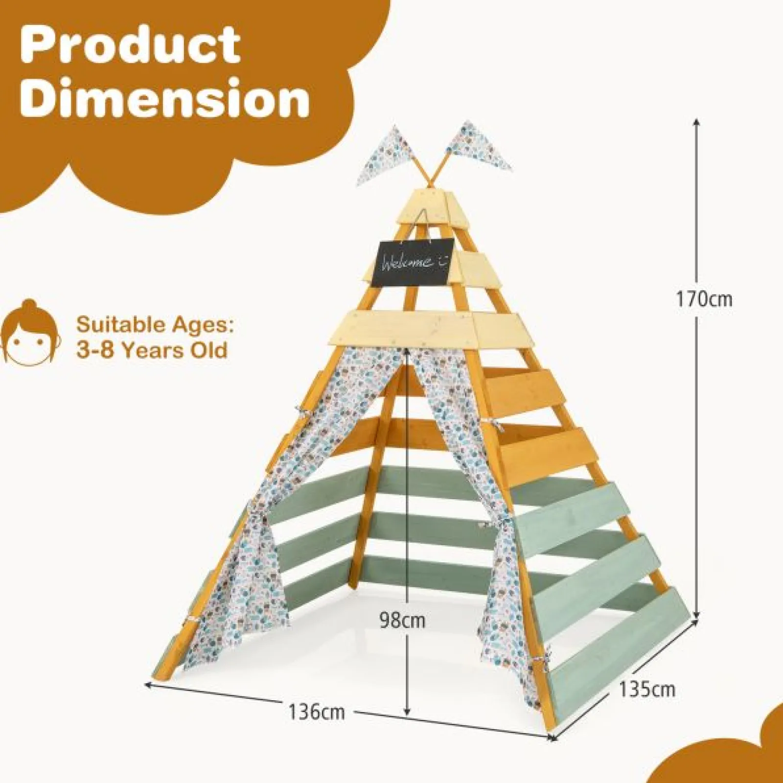 Little Helper Kinder umweltfreundliches natürliches Holz-Montessori-Tipi | Spielhaus oder Höhle mit Vorhängen | 1,7 m hoch