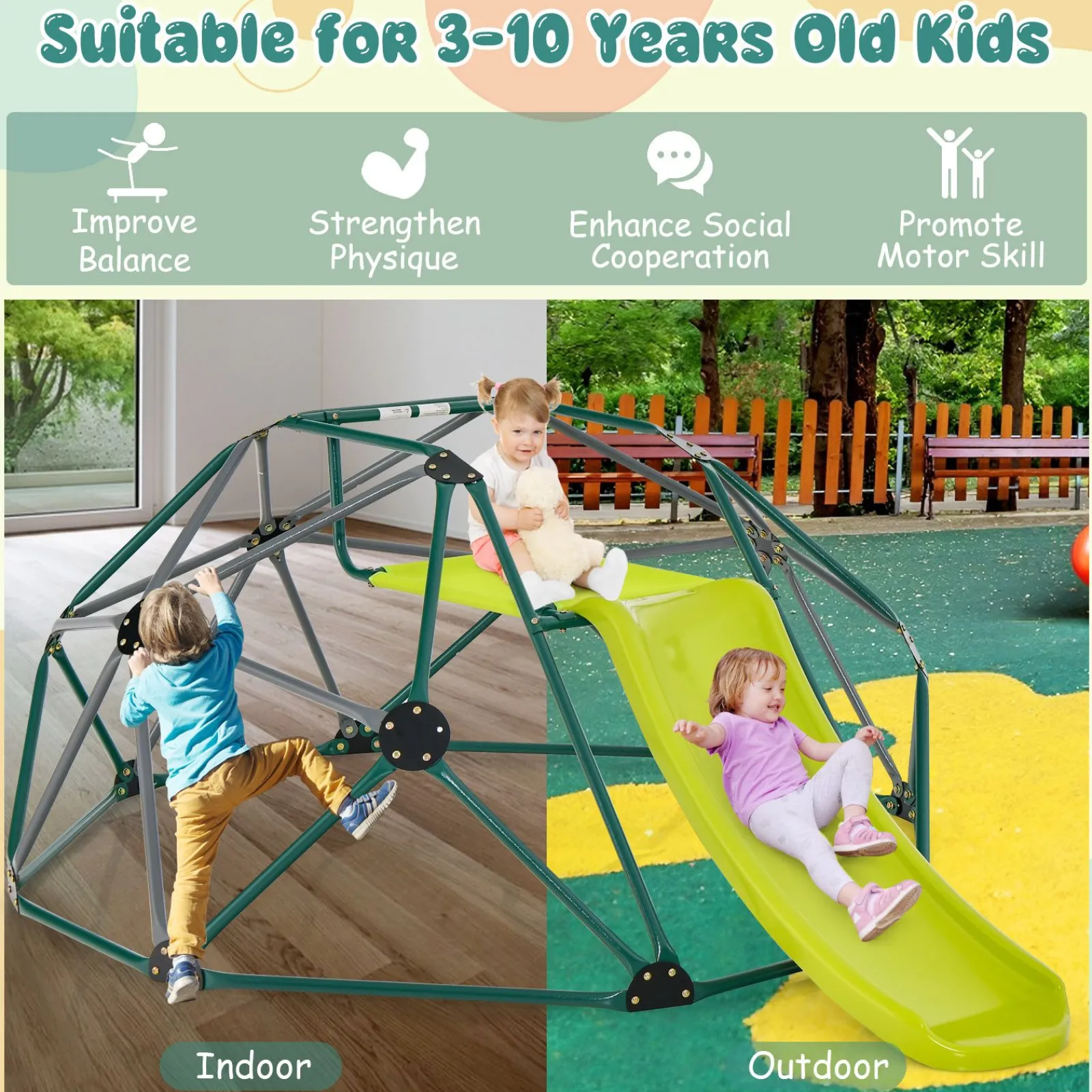 Kinder Little Helper Kinder XL Rostbeständiger Innenbereich | Outdoor Montessori Klettergerüst Kuppel mit Rutsche | 3-12 Jahre