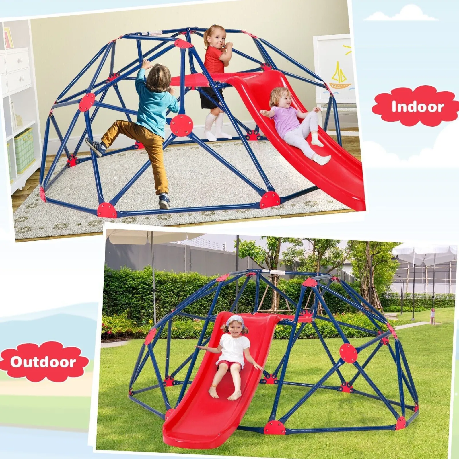 Kinder Little Helper Kinder XL Rostbeständiger Innenbereich | Outdoor Montessori Klettergerüst Kuppel mit Rutsche | 3-12 Jahre