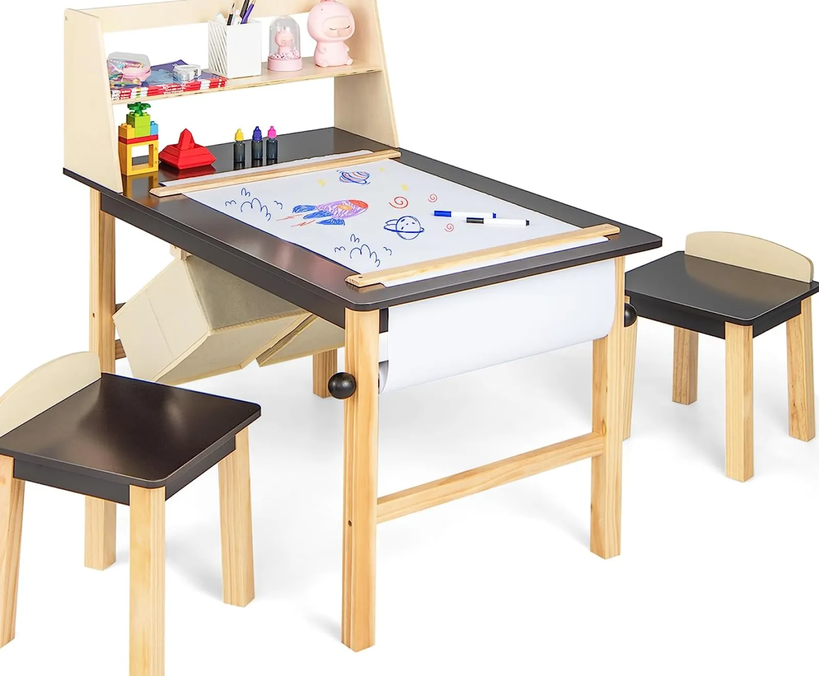 Kinder Little Helper Kinder-Aktivitätstisch aus Holz und 2 Stühle im Set | Kunsttisch für Kinder | 2 Vorratsbehälter mit Papierrolle