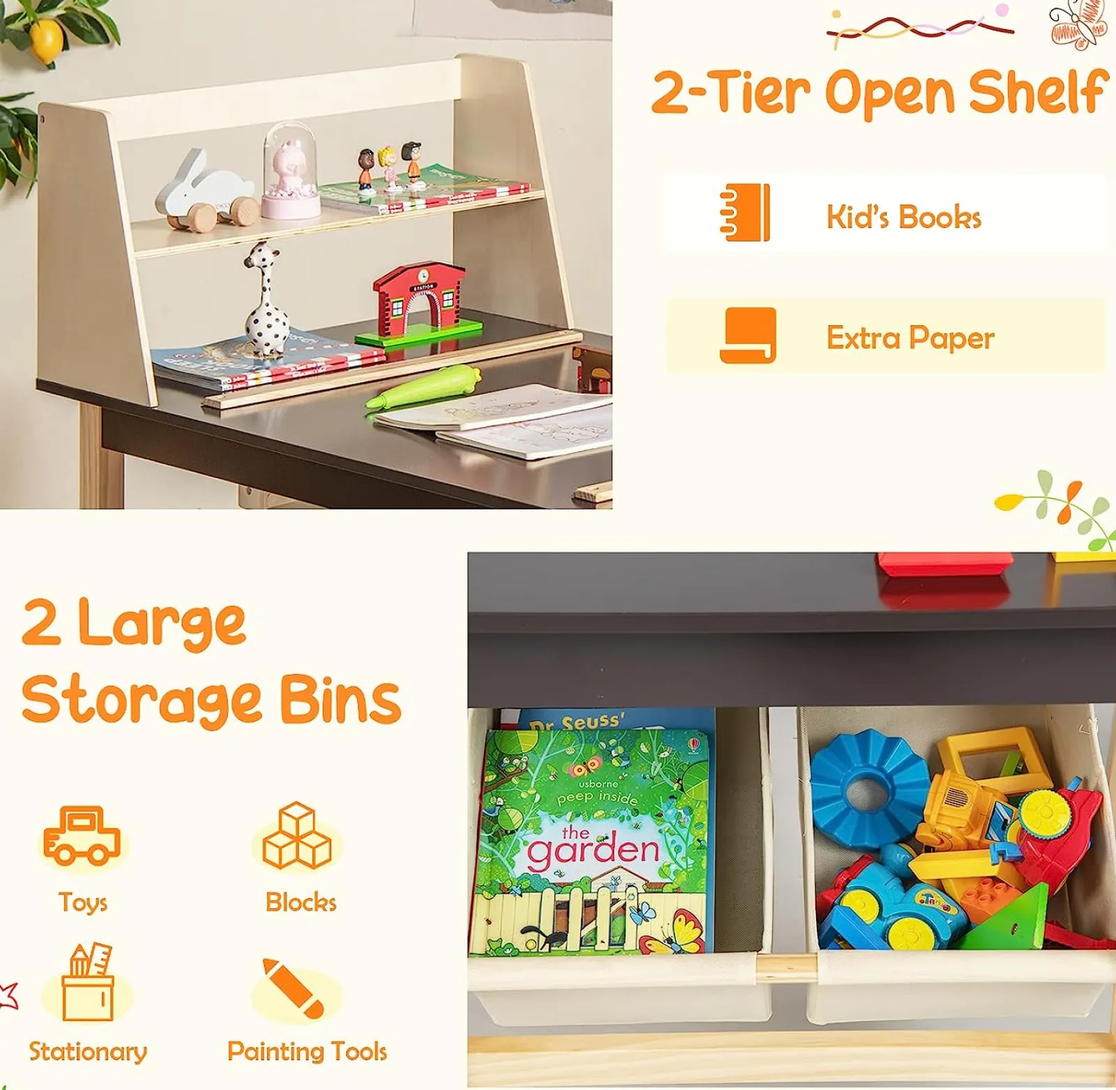 Kinder Little Helper Kinder-Aktivitätstisch aus Holz und 2 Stühle im Set | Kunsttisch für Kinder | 2 Vorratsbehälter mit Papierrolle