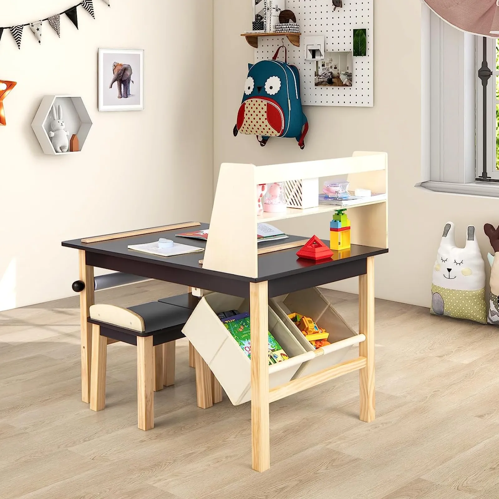 Kinder Little Helper Kinder-Aktivitätstisch aus Holz und 2 Stühle im Set | Kunsttisch für Kinder | 2 Vorratsbehälter mit Papierrolle