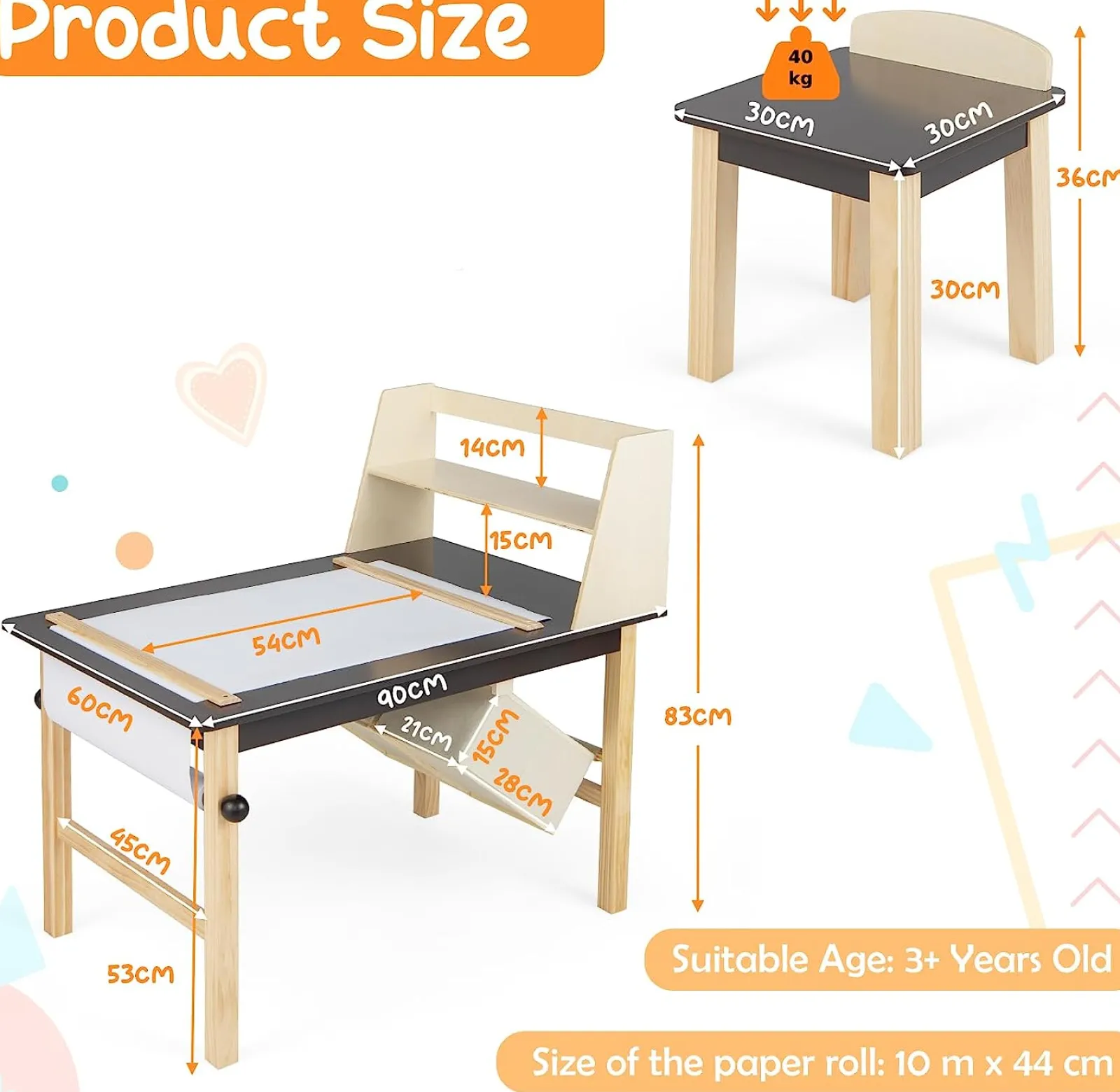 Kinder Little Helper Kinder-Aktivitätstisch aus Holz und 2 Stühle im Set | Kunsttisch für Kinder | 2 Vorratsbehälter mit Papierrolle