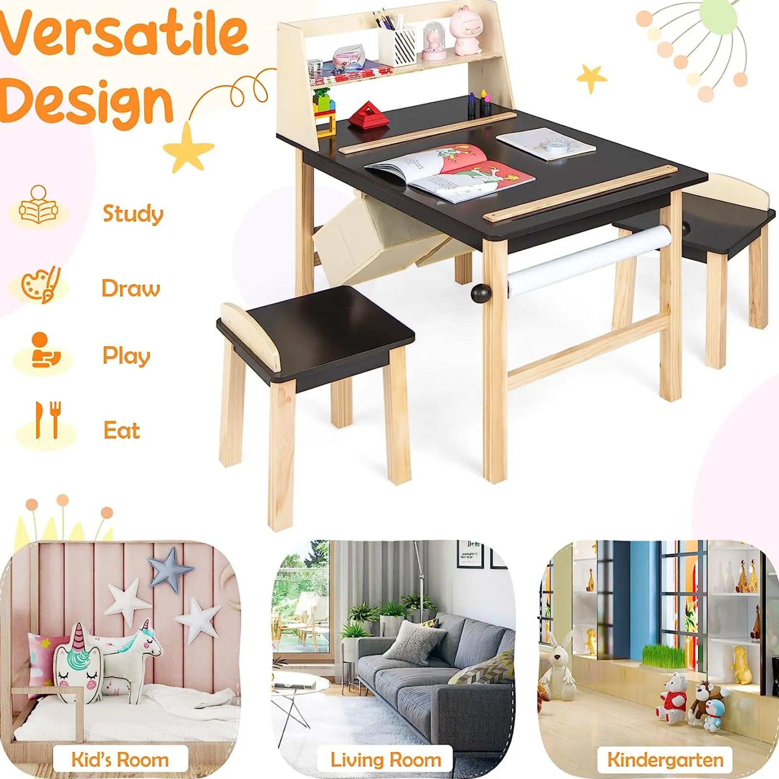 Kinder Little Helper Kinder-Aktivitätstisch aus Holz und 2 Stühle im Set | Kunsttisch für Kinder | 2 Vorratsbehälter mit Papierrolle