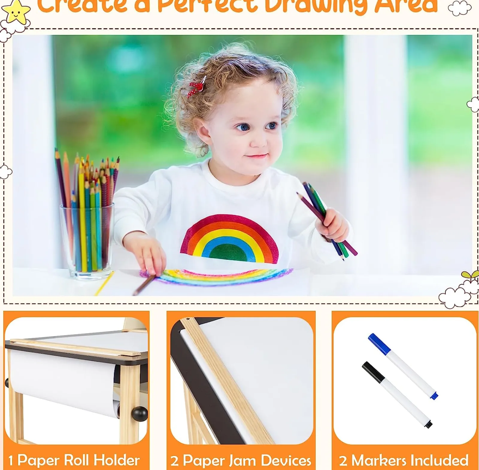 Kinder Little Helper Kinder-Aktivitätstisch aus Holz und 2 Stühle im Set | Kunsttisch für Kinder | 2 Vorratsbehälter mit Papierrolle
