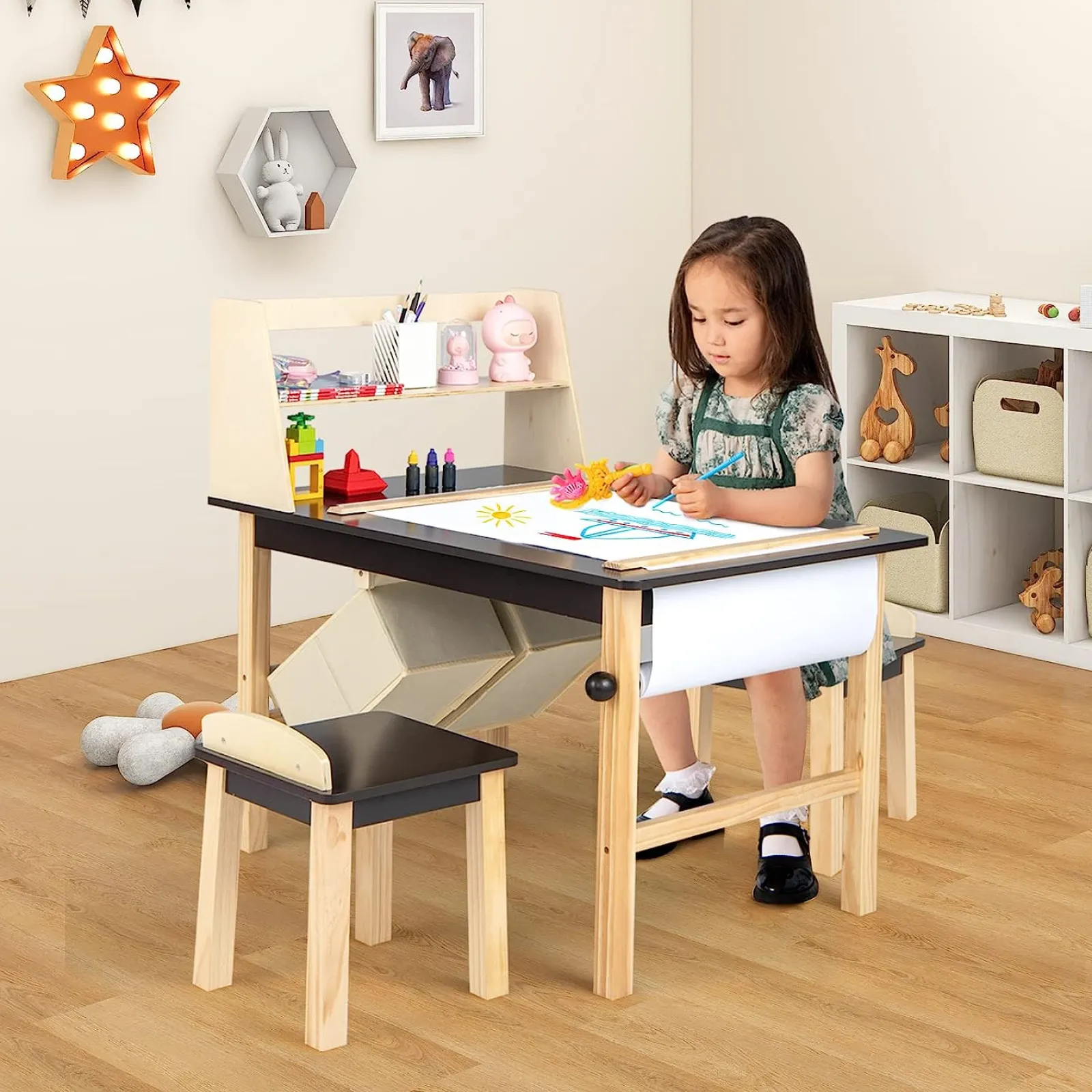 Kinder Little Helper Kinder-Aktivitätstisch aus Holz und 2 Stühle im Set | Kunsttisch für Kinder | 2 Vorratsbehälter mit Papierrolle