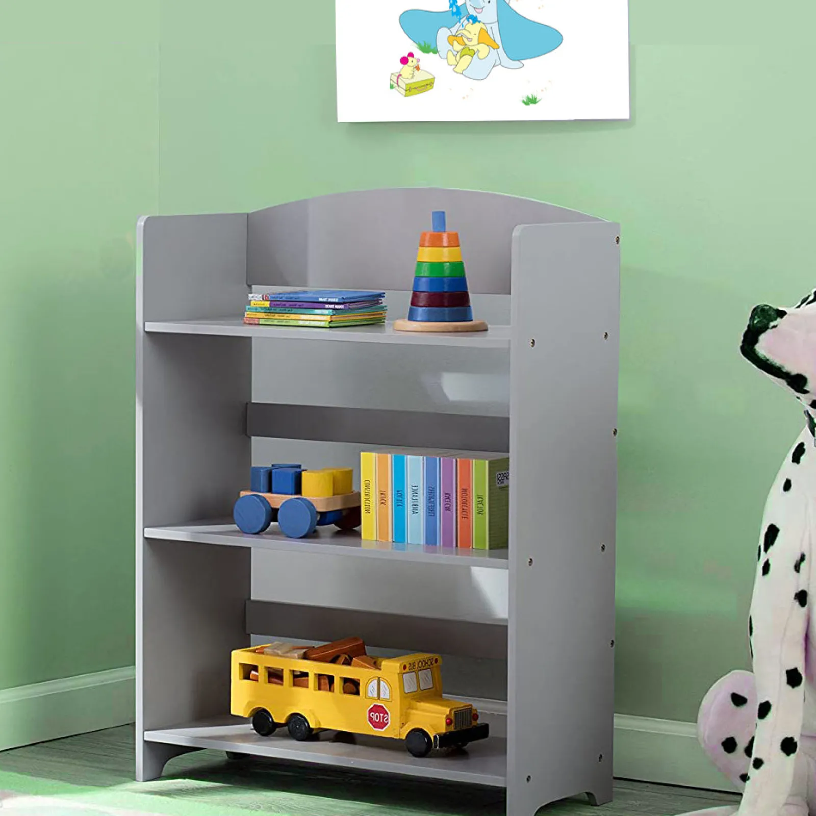 Kinder Little Helper Kinder-Bücherregal aus Holz im Montessori-Stil mit 3 Ebenen | Modernes Design | Grau | 84 cm hoch