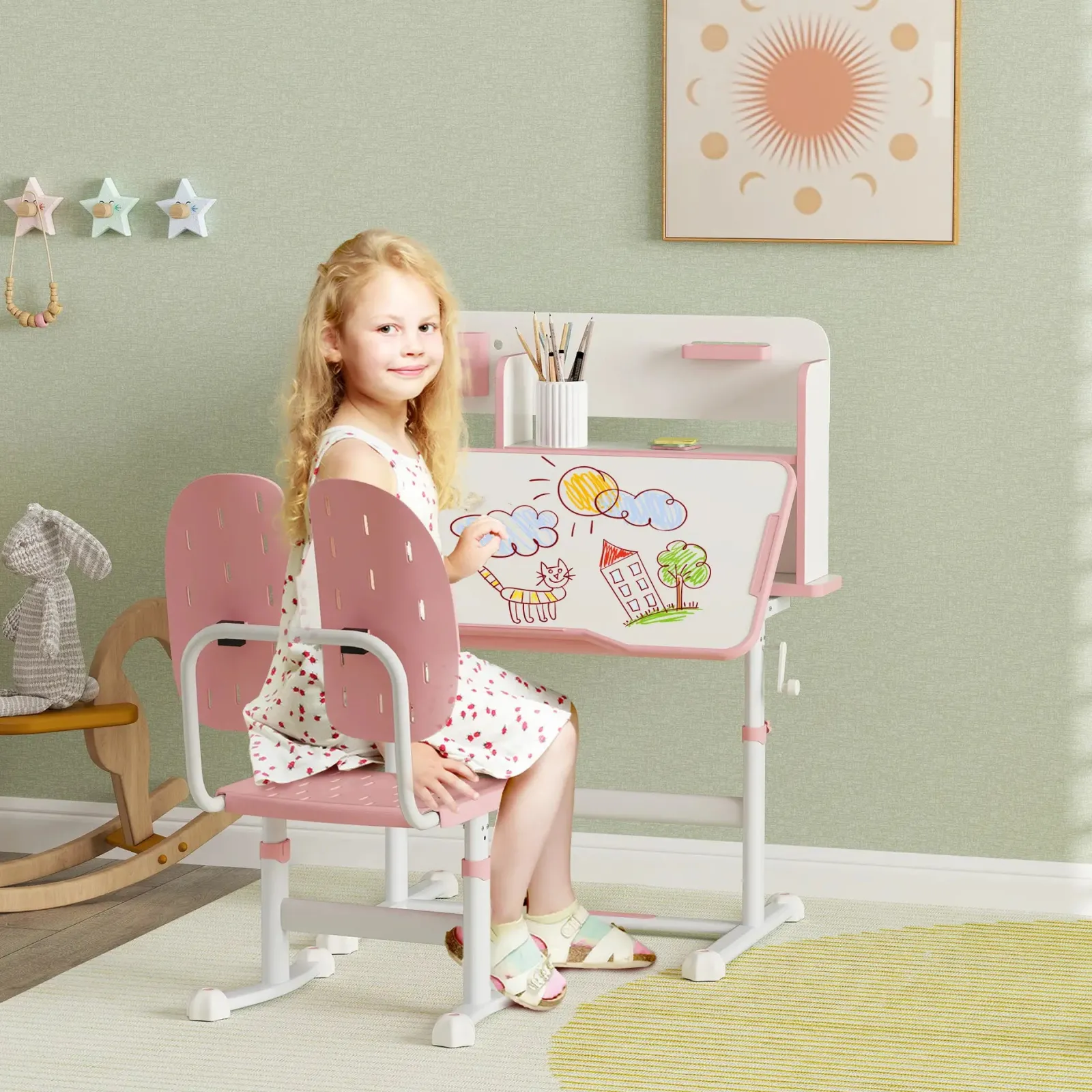 Kinder Little Helper Kinder-Montessori-ergonomischer, höhenverstellbarer, neigbarer Lern- und Kunstschreibtisch und Stuhl | Rosa | 3-12 Jahre