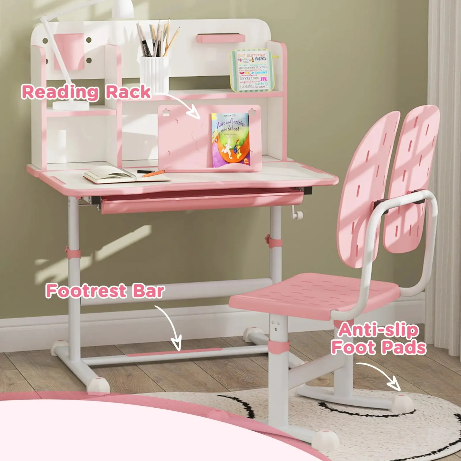 Kinder Little Helper Kinder-Montessori-ergonomischer, höhenverstellbarer, neigbarer Lern- und Kunstschreibtisch und Stuhl | Rosa | 3-12 Jahre