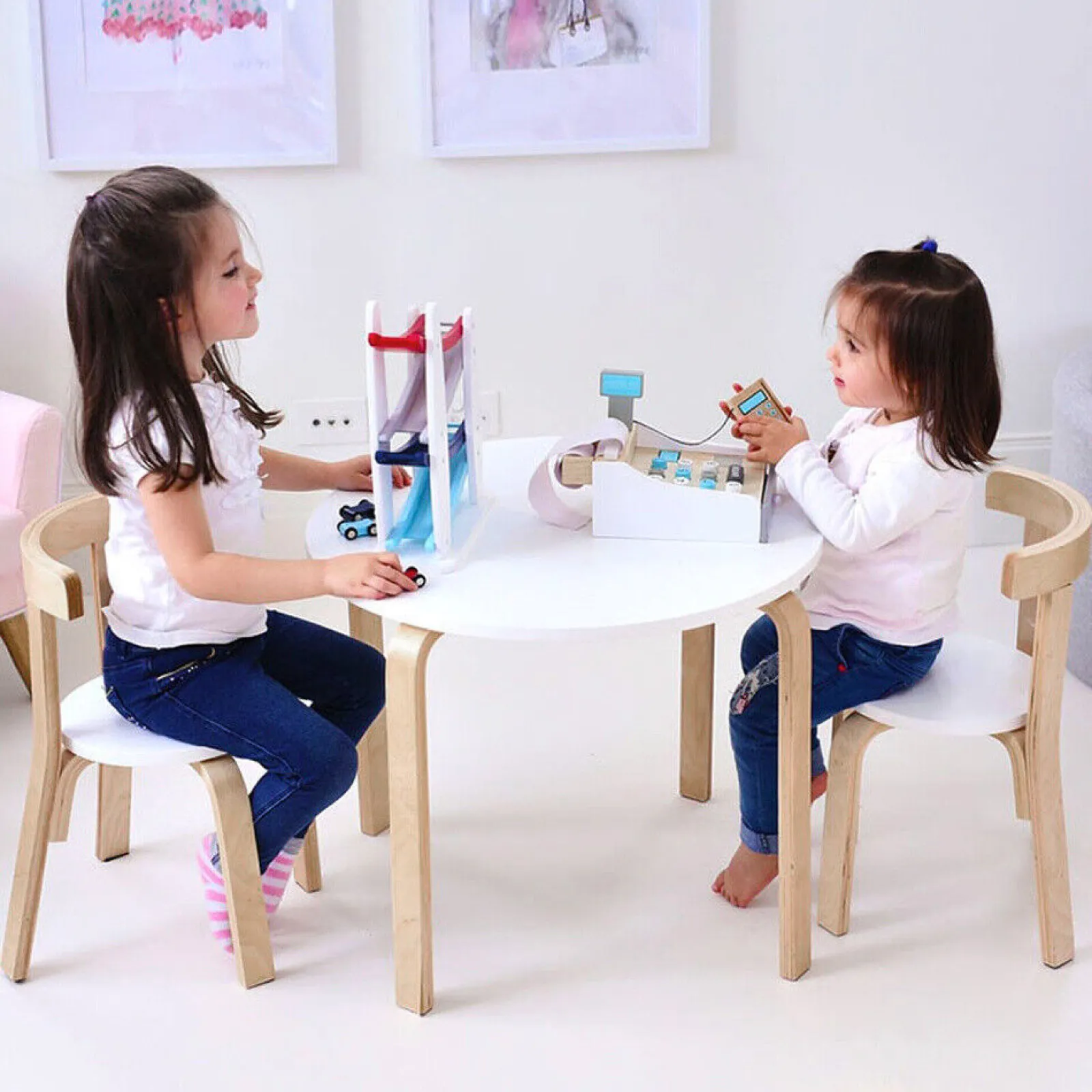 Kinder Little Helper Kinder-Montessori-Öko-Tisch Aus Pappelholz Und Birke | 2 Ergonomische Stühle | Weiß Und Natur | 2–10 Jahre+