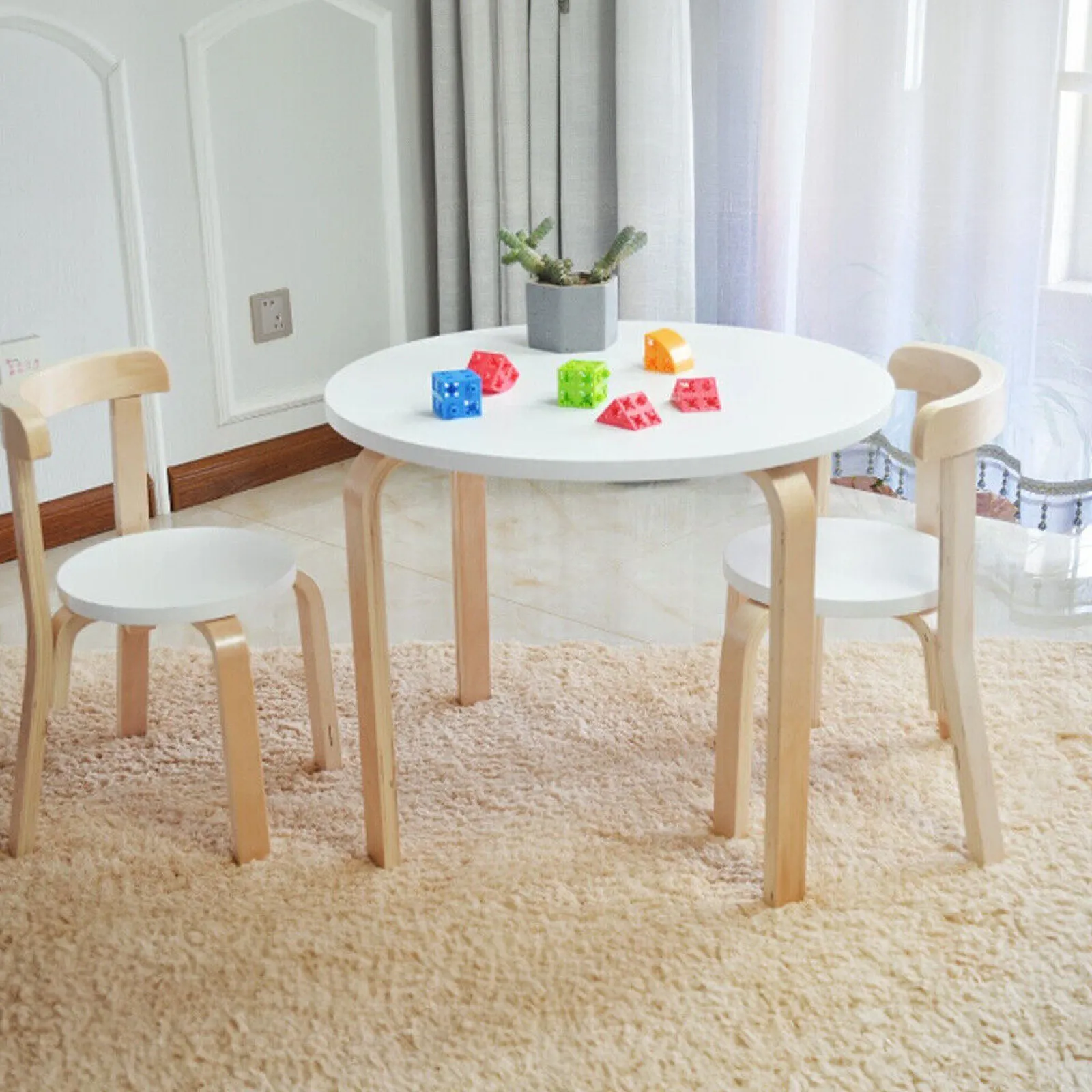 Kinder Little Helper Kinder-Montessori-Öko-Tisch Aus Pappelholz Und Birke | 2 Ergonomische Stühle | Weiß Und Natur | 2–10 Jahre+