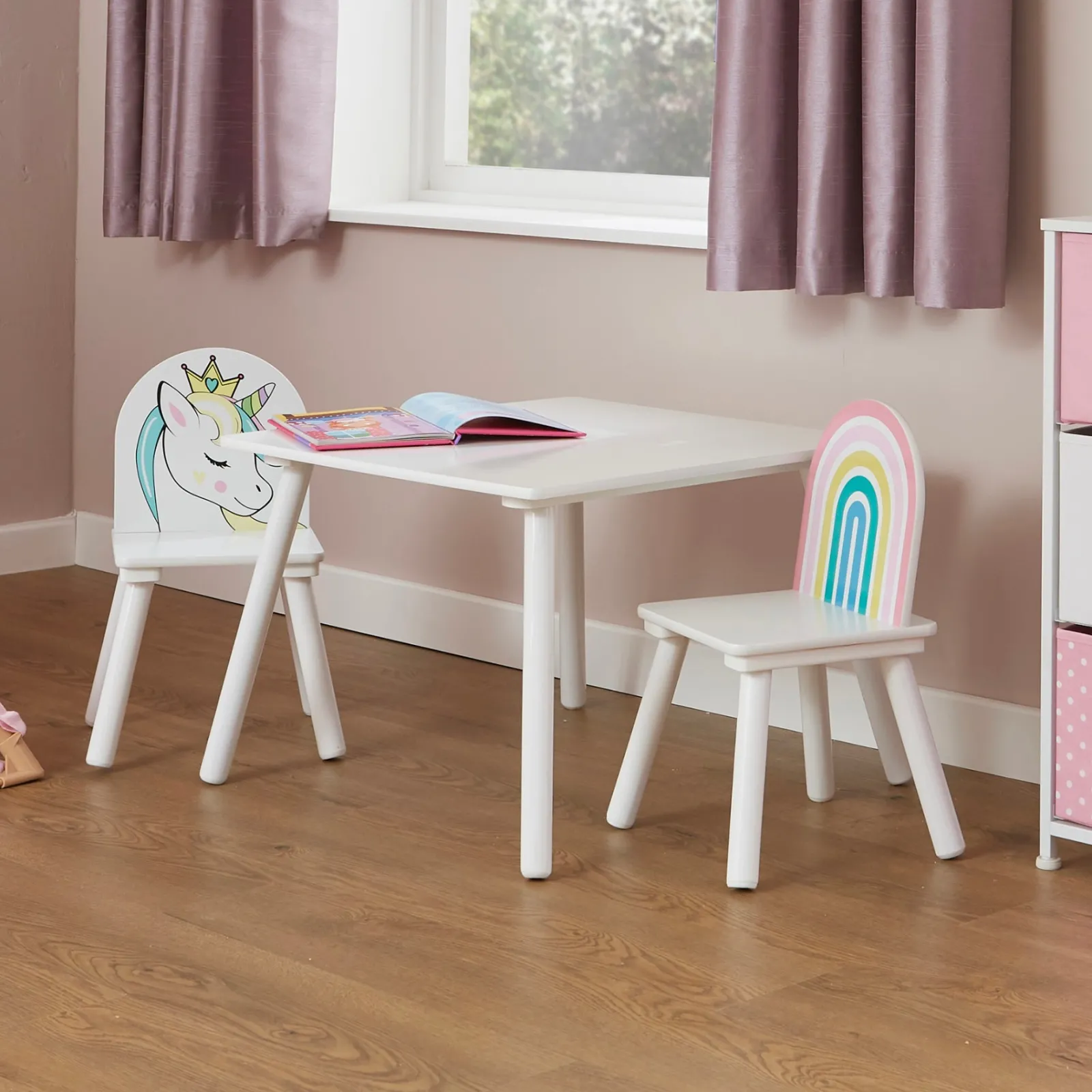 Kinder Little Helper Kinder-Set aus Holz mit Einhorn-Tisch und 2 Stühlen | Weiß | Ab 2 Jahren