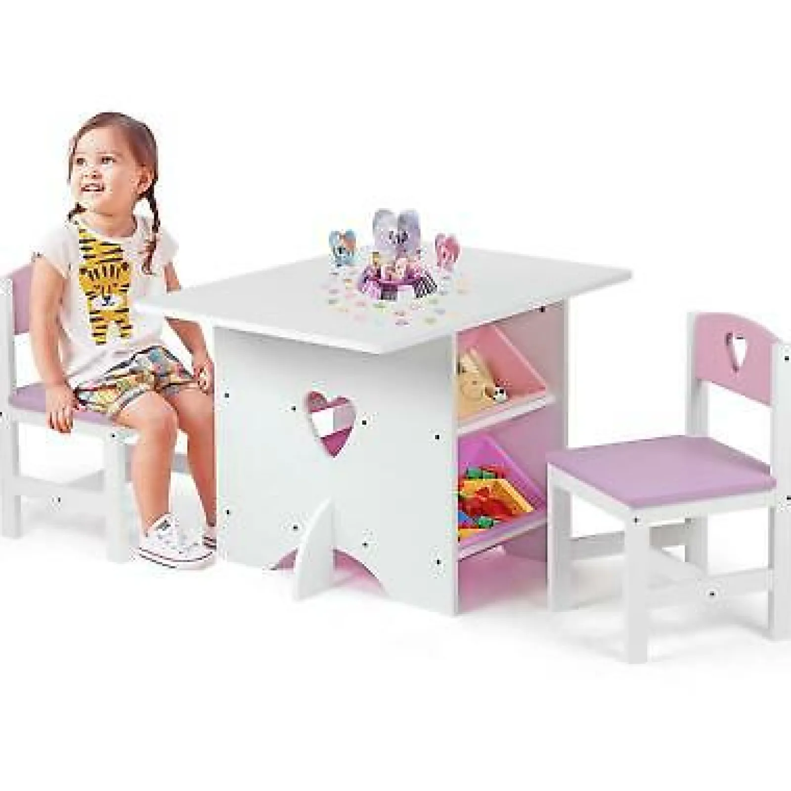 Kinder Little Helper Kinder-Set aus Holz mit Tisch und 2 Stühlen | 4 große Aufbewahrungsbehälter | Weiß und Rosa | Ab 3 Jahren