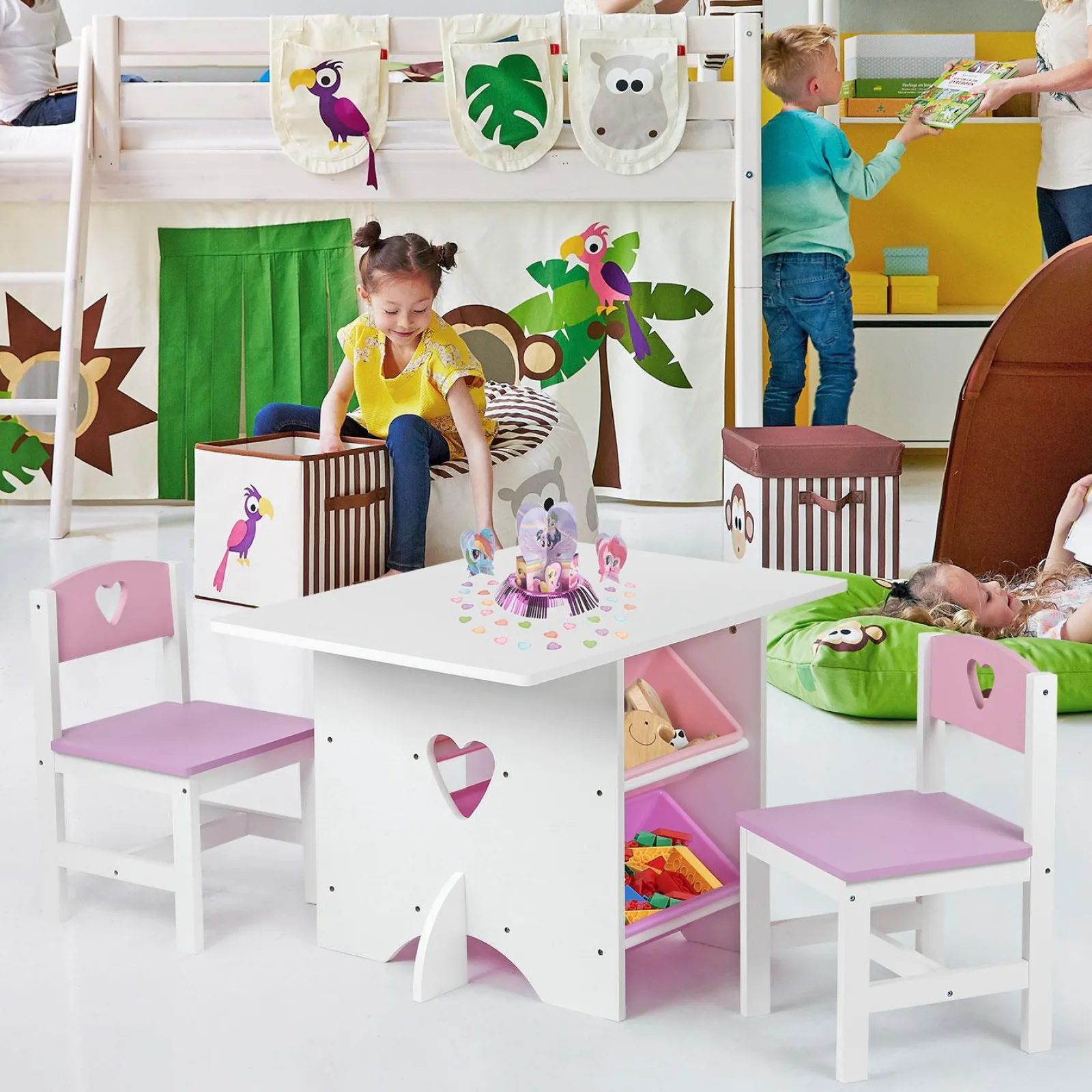 Kinder Little Helper Kinder-Set aus Holz mit Tisch und 2 Stühlen | 4 große Aufbewahrungsbehälter | Weiß und Rosa | Ab 3 Jahren