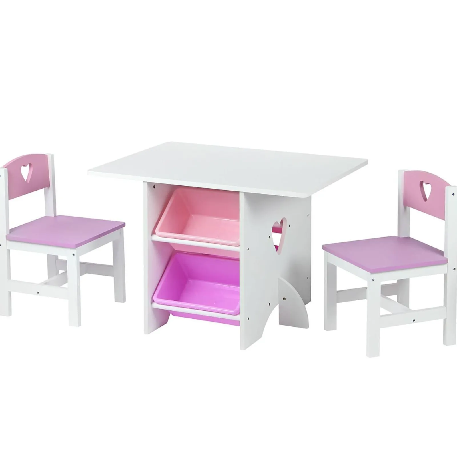 Kinder Little Helper Kinder-Set aus Holz mit Tisch und 2 Stühlen | 4 große Aufbewahrungsbehälter | Weiß und Rosa | Ab 3 Jahren