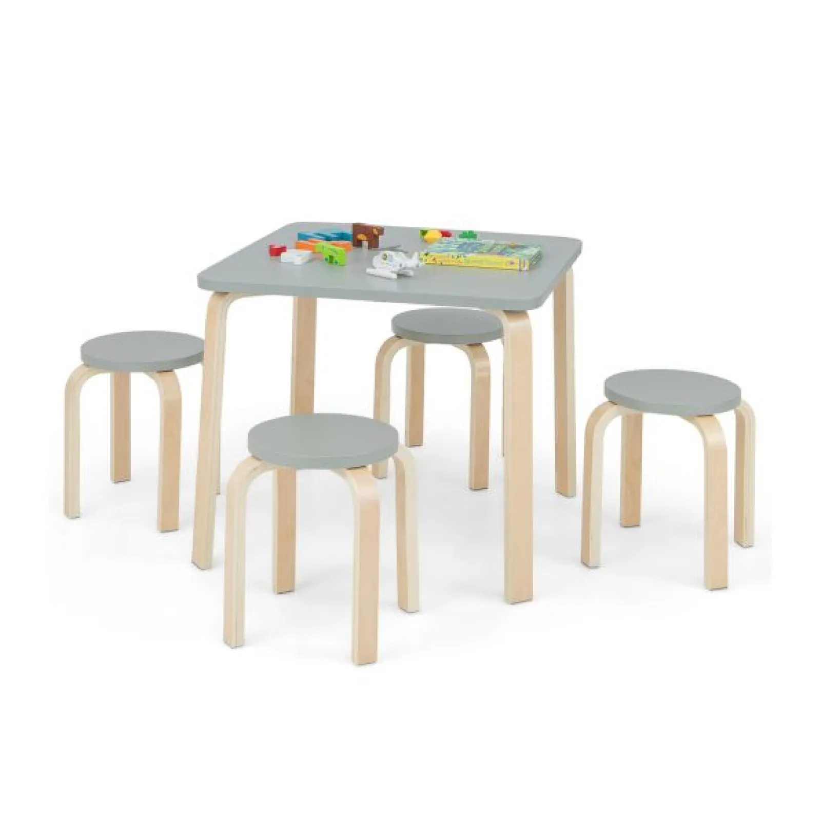 Kinder Little Helper Kinder-Set aus Öko-Birken- und Pappelholztisch und 4 stapelbaren Hockern | Platzsparend | Grau | 36m+