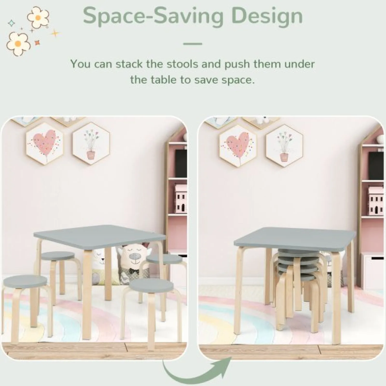 Kinder Little Helper Kinder-Set aus Öko-Birken- und Pappelholztisch und 4 stapelbaren Hockern | Platzsparend | Grau | 36m+