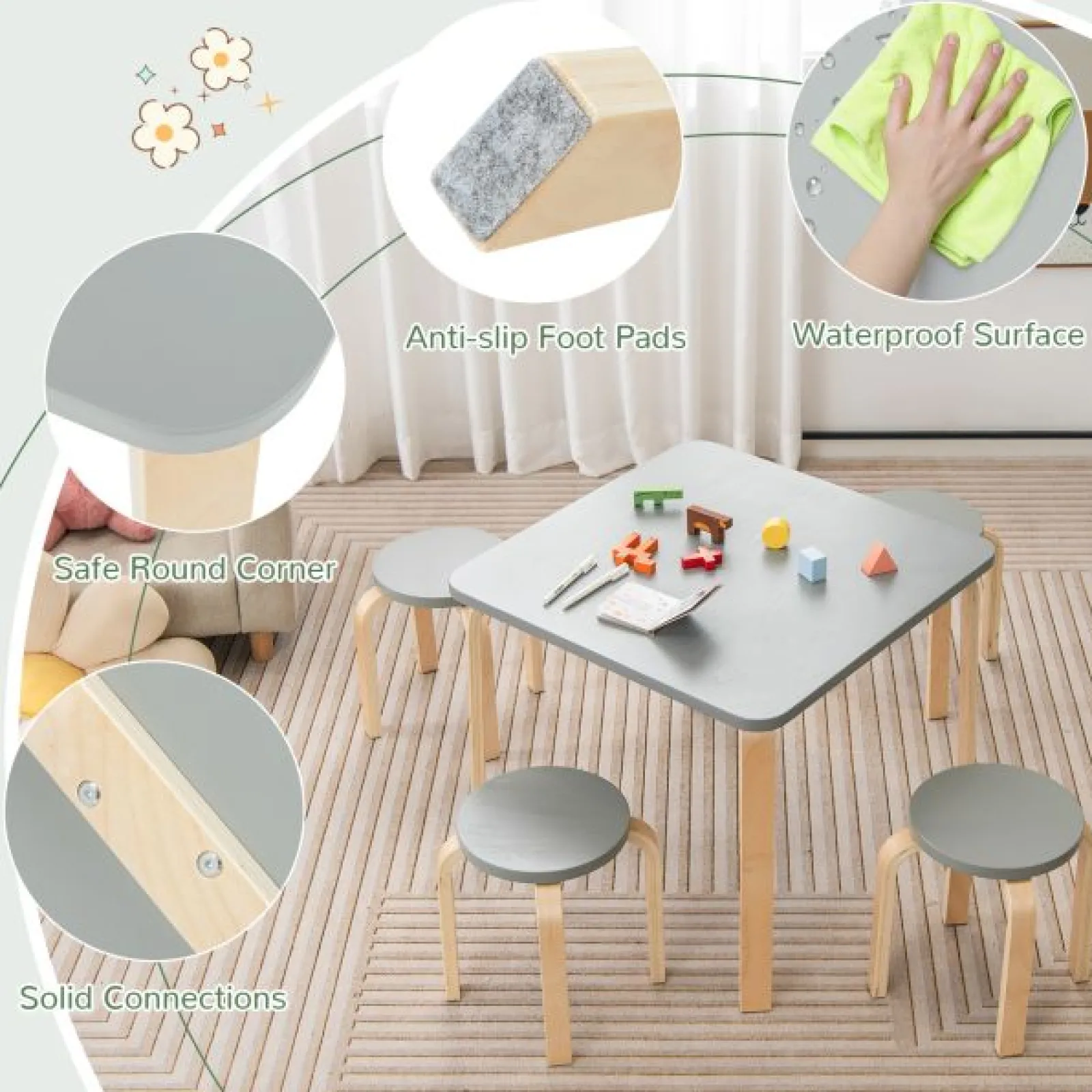 Kinder Little Helper Kinder-Set aus Öko-Birken- und Pappelholztisch und 4 stapelbaren Hockern | Platzsparend | Grau | 36m+
