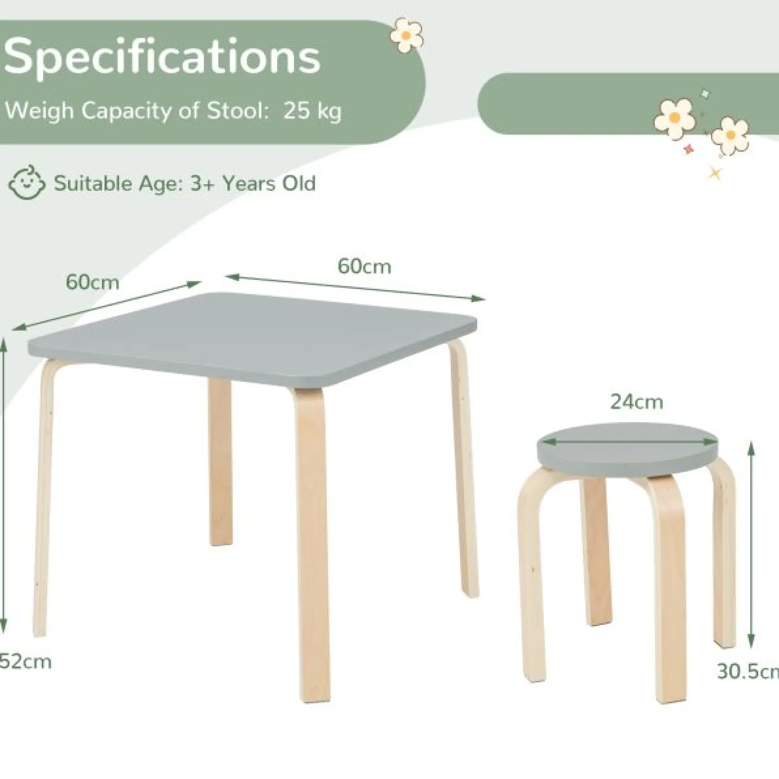 Kinder Little Helper Kinder-Set aus Öko-Birken- und Pappelholztisch und 4 stapelbaren Hockern | Platzsparend | Grau | 36m+