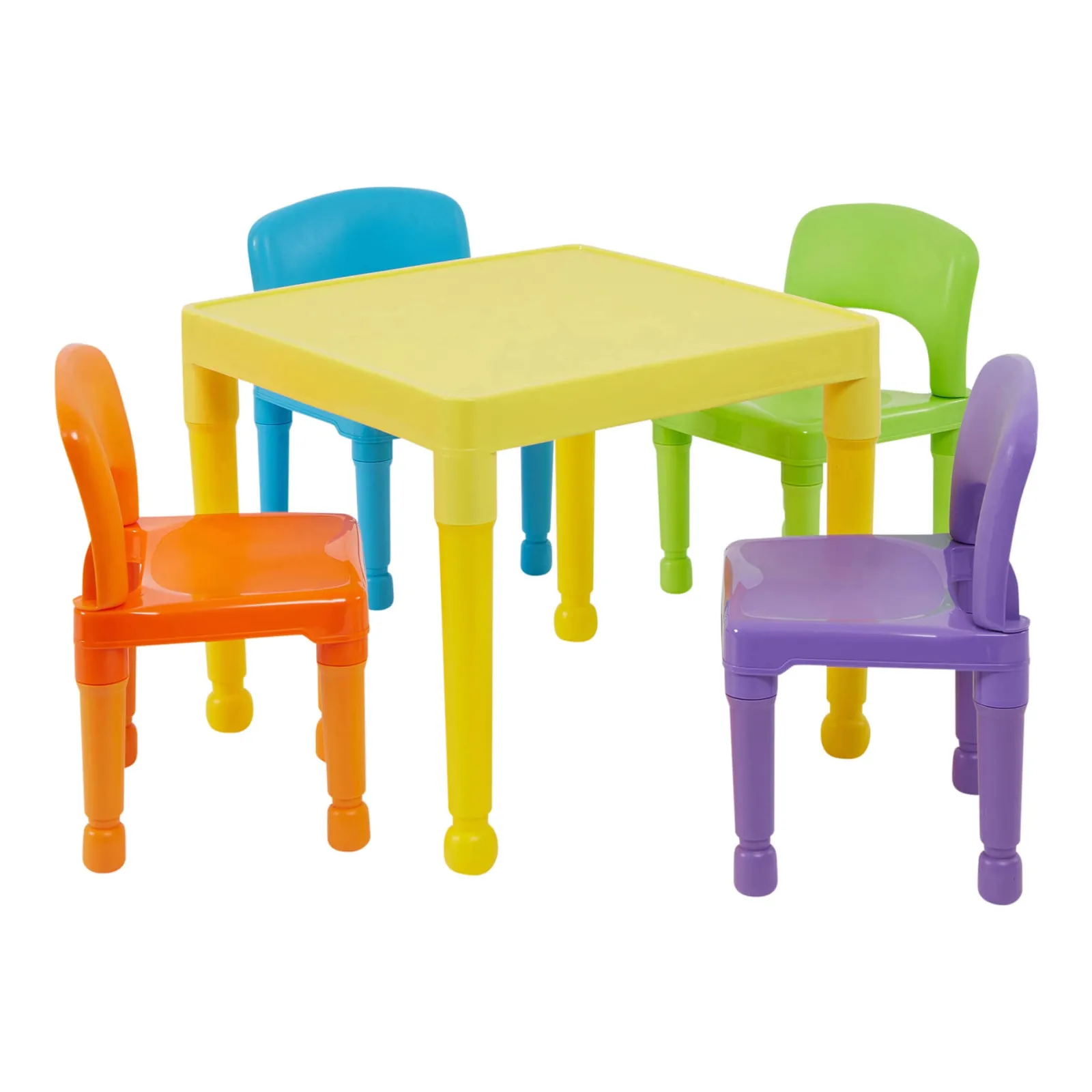 Kinder Little Helper Kinder-Set aus Kunststoff für drinnen und draußen, leicht zu reinigen, Tisch und 4 Stühle, mehrfarbig