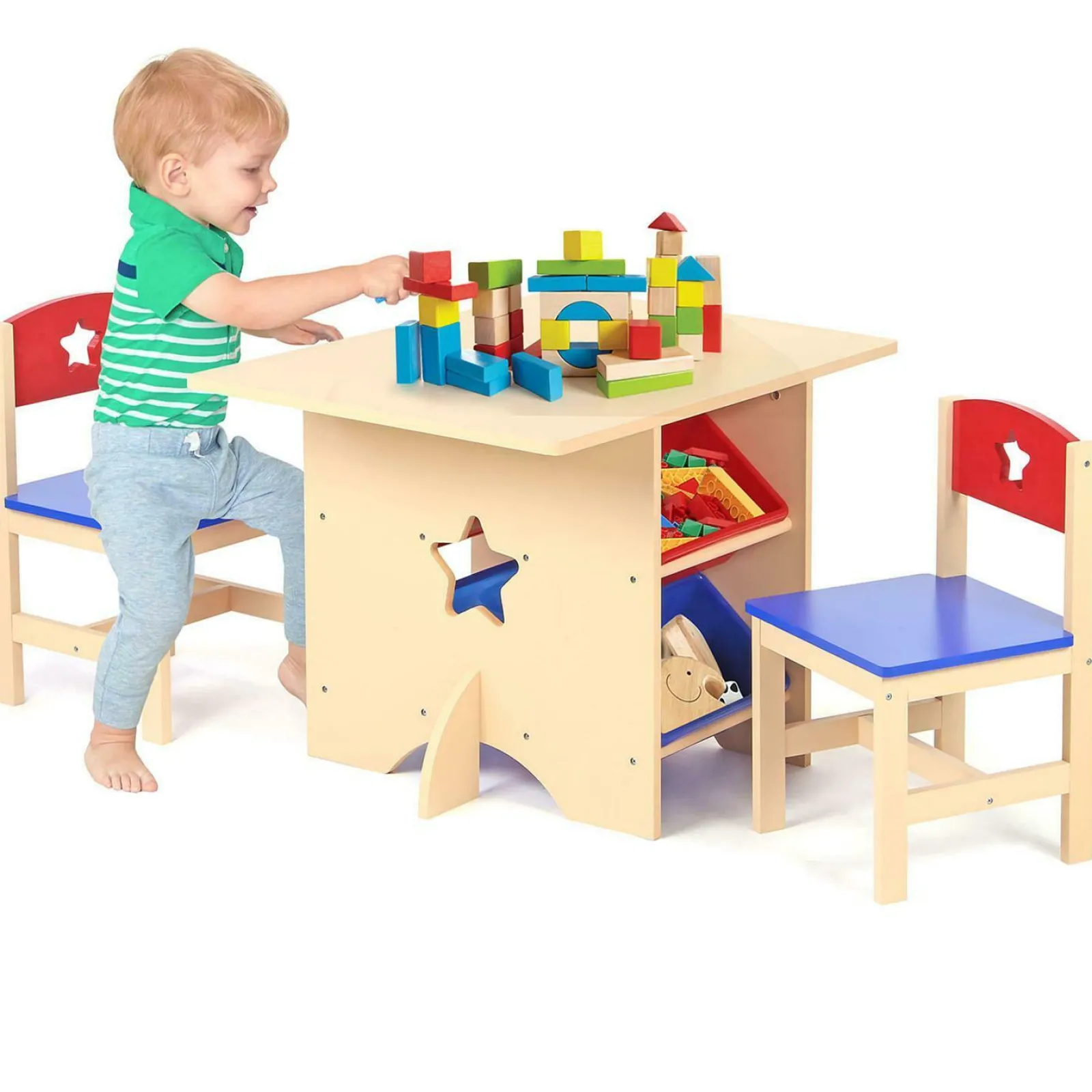 Kinder Little Helper Kinder-Set aus Naturholztisch und 2 Stühlen | 4 große Aufbewahrungsbehälter oder -boxen | Ab 3 Jahren
