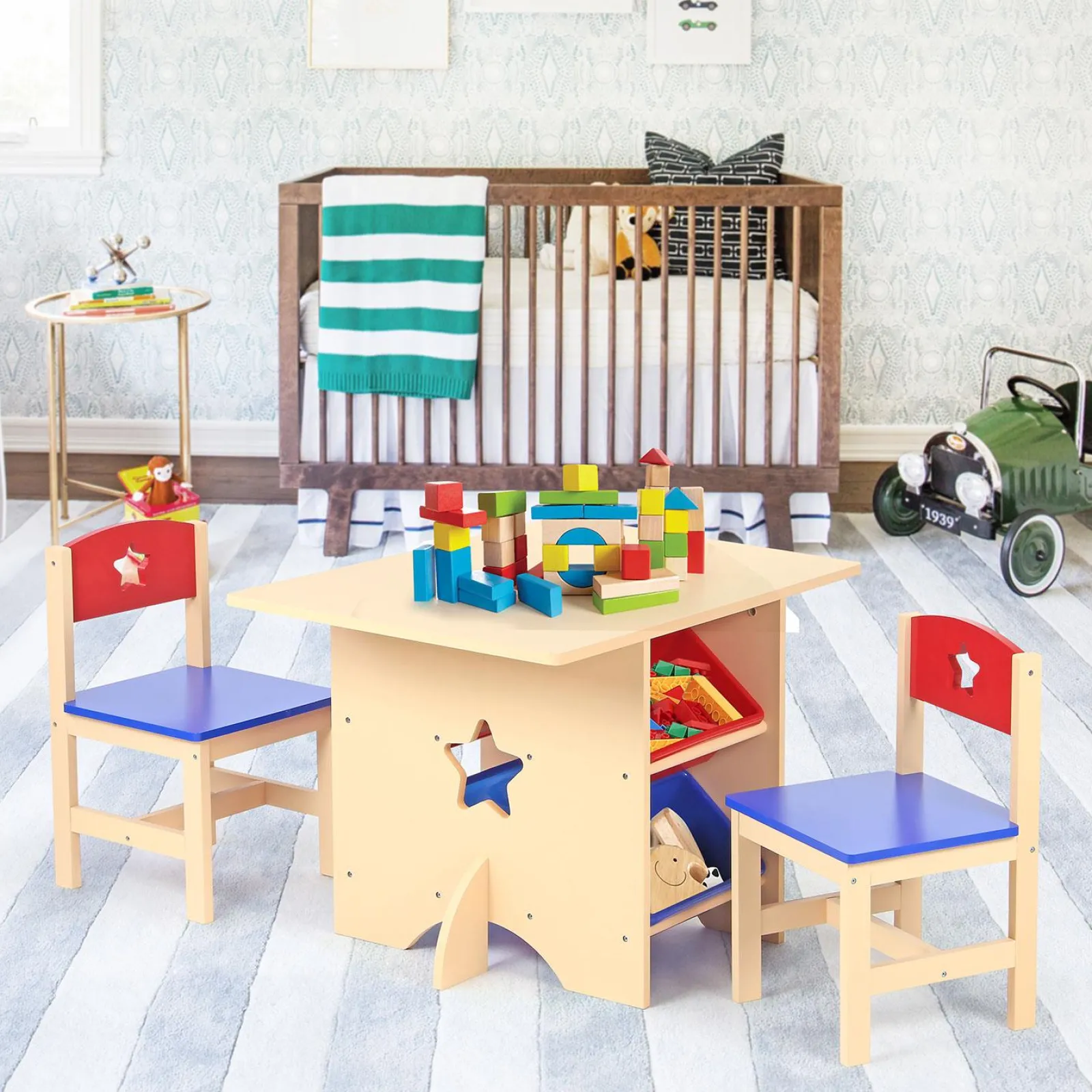 Kinder Little Helper Kinder-Set aus Naturholztisch und 2 Stühlen | 4 große Aufbewahrungsbehälter oder -boxen | Ab 3 Jahren