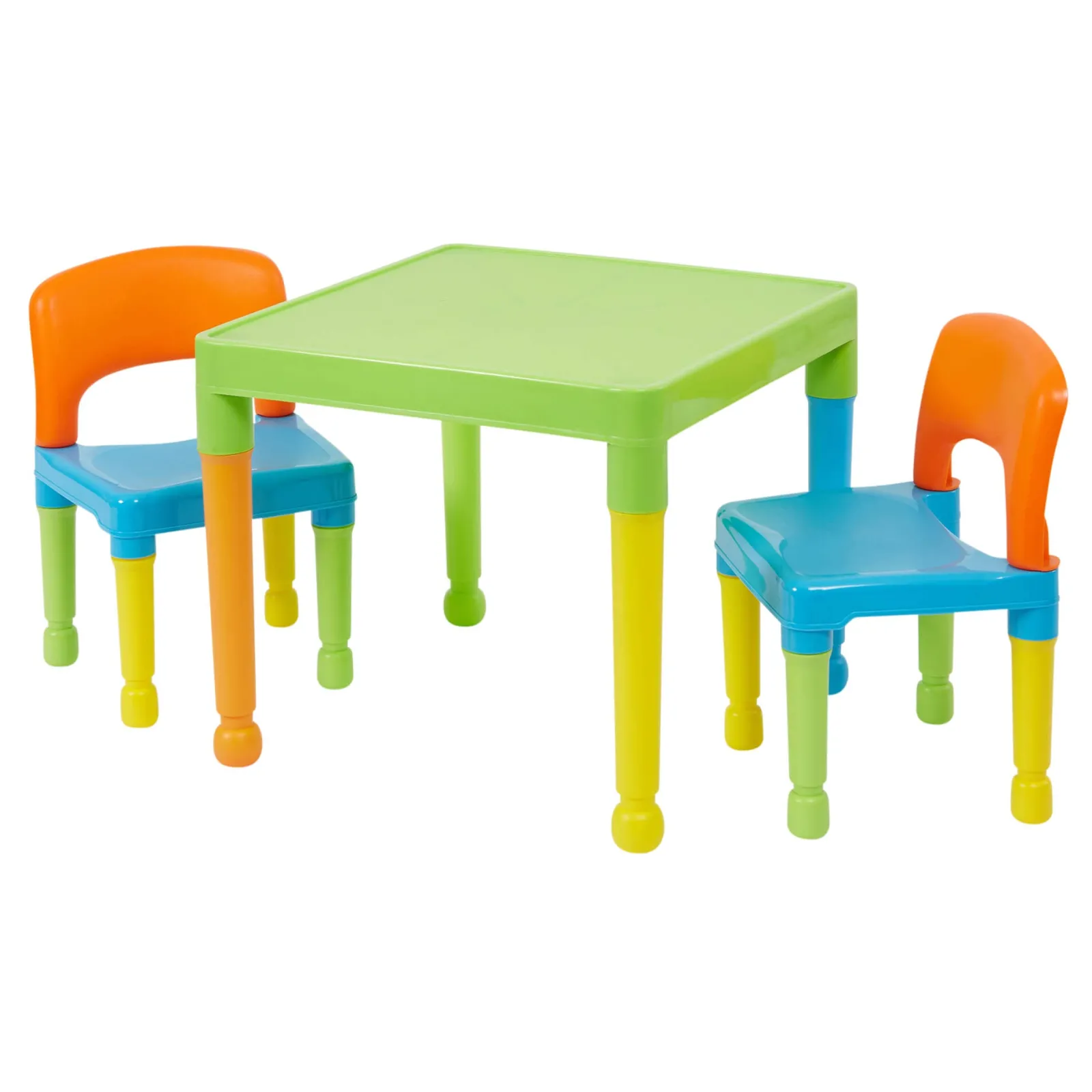 Kinder Little Helper Kinder-Set aus Tisch und 2 Stühlen für drinnen und draußen aus massivem Kunststoff, leicht zu reinigen, mehrfarbig