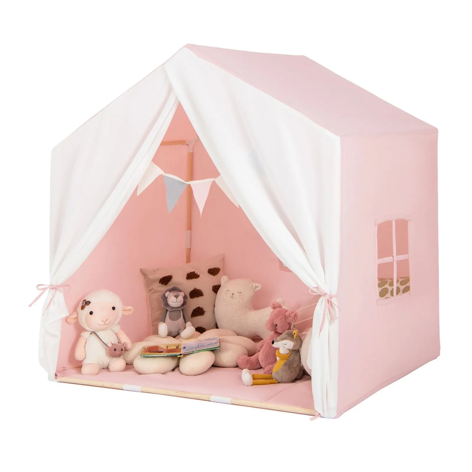 Little Helper Kinderspielhauszelt | Fenster und Vorhang | Waschbare rutschfeste Matte | Braun oder Rosa