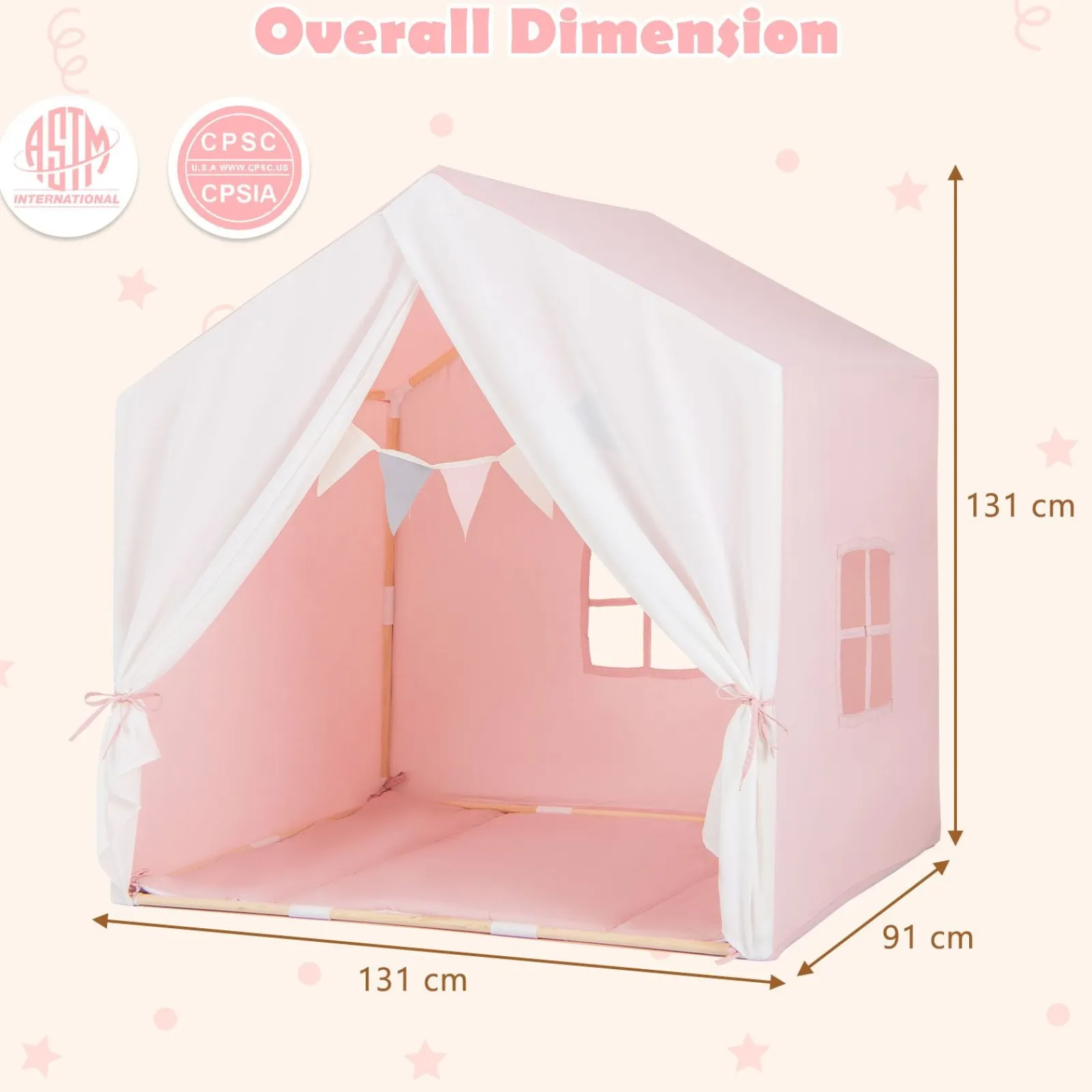 Little Helper Kinderspielhauszelt | Fenster und Vorhang | Waschbare rutschfeste Matte | Braun oder Rosa