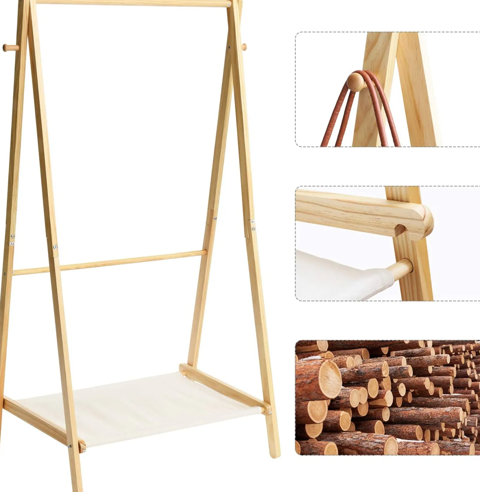 Kinder Little Helper Kleinkinderfreundliche Ankleidestange aus massivem Kiefernholz im Montessori-Stil | 2 Stangen und Ablagefläche | 1,5 m hoch | Natur