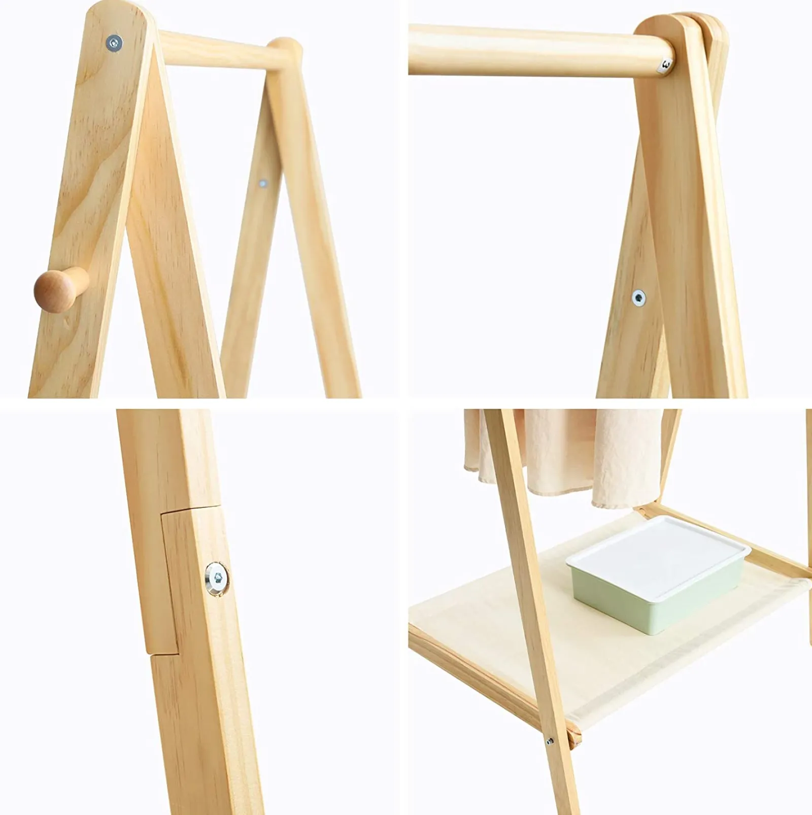 Kinder Little Helper Kleinkinderfreundliche Ankleidestange aus massivem Kiefernholz im Montessori-Stil | 2 Stangen und Ablagefläche | 1,5 m hoch | Natur