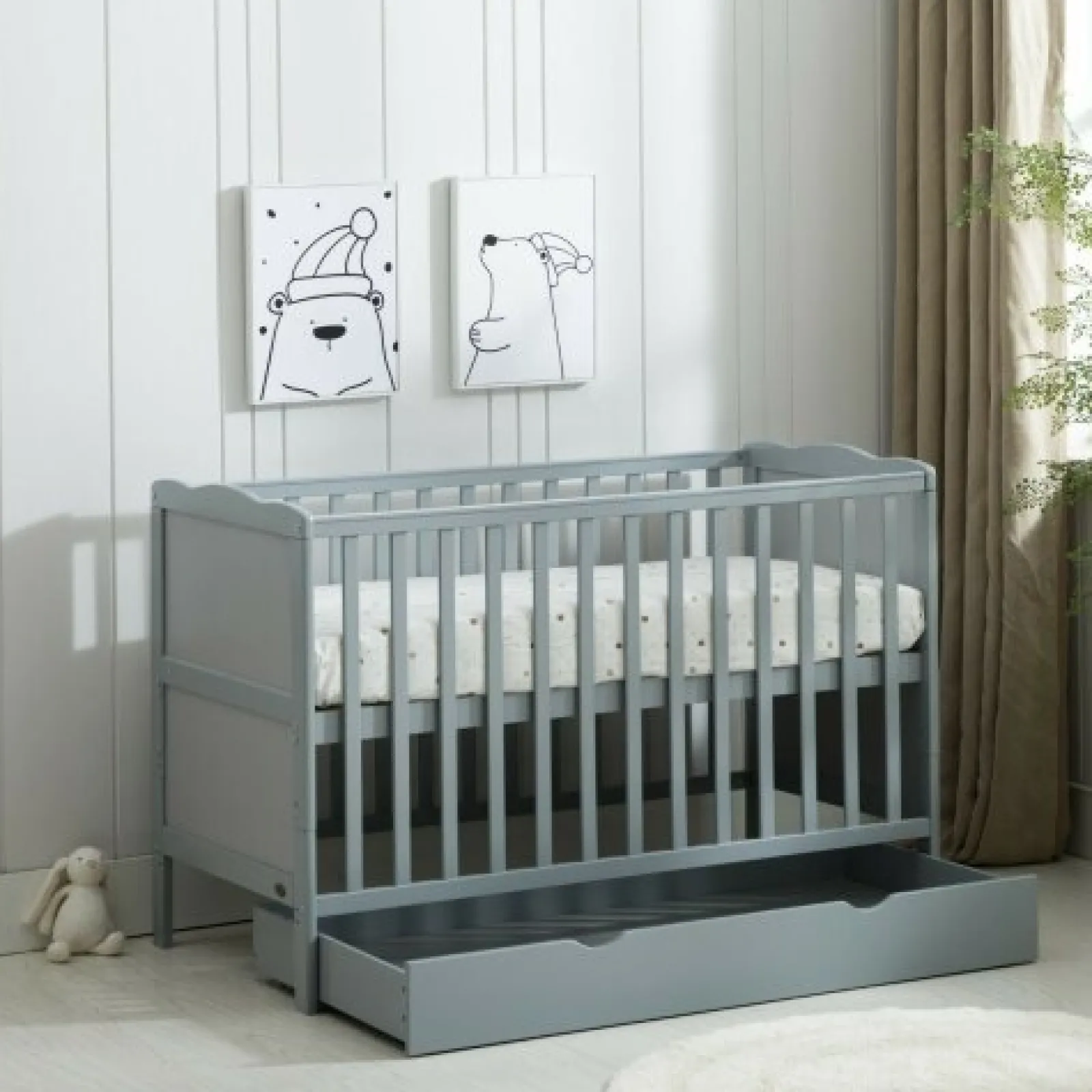 Kinder Little Helper Öko-Kinderbett PEBBLES aus neuseeländischer Kiefer, höhenverstellbar, 2-in-1 | Stauraum unter dem Bett | Juniorbett | Warmes Grau