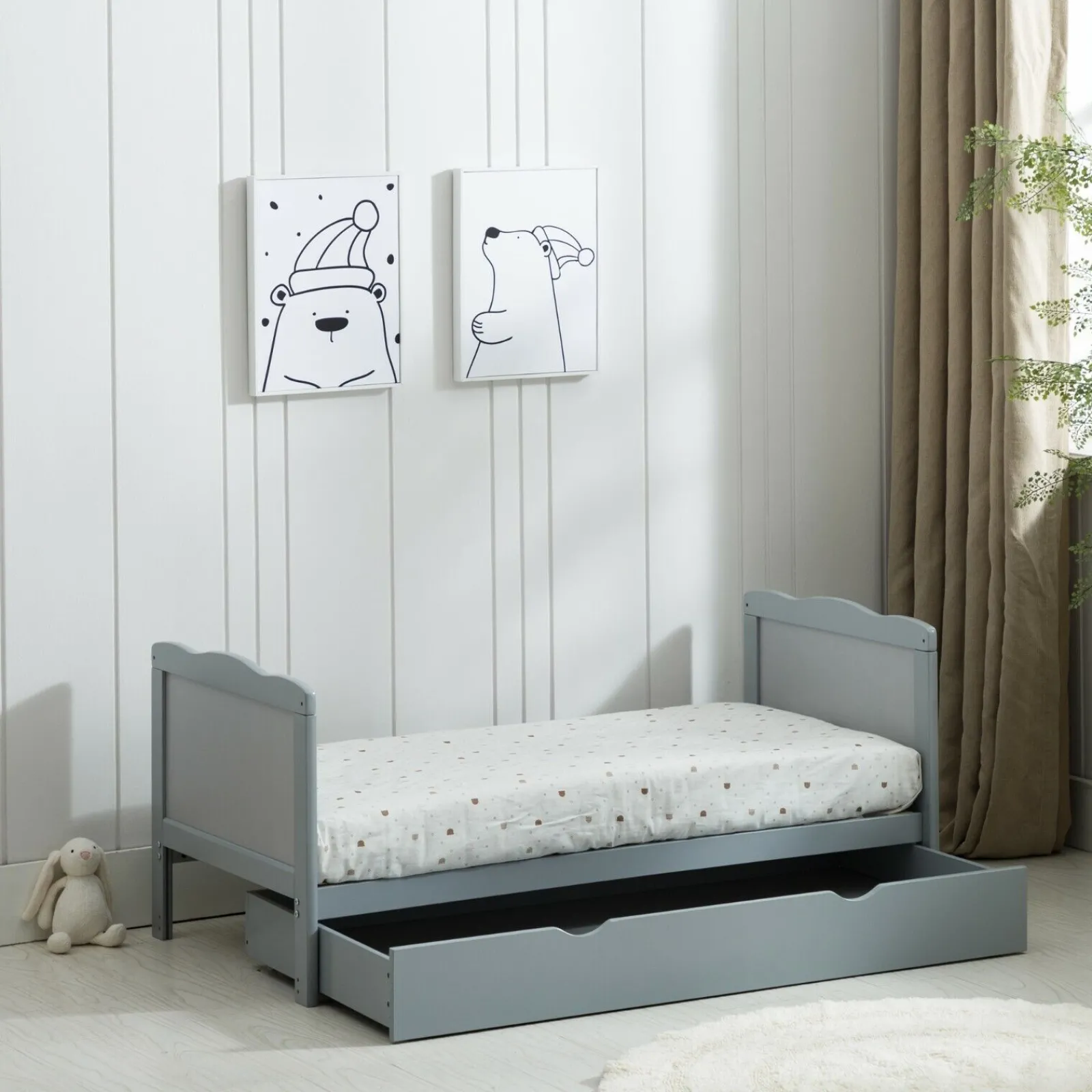 Kinder Little Helper Öko-Kinderbett PEBBLES aus neuseeländischer Kiefer, höhenverstellbar, 2-in-1 | Stauraum unter dem Bett | Juniorbett | Warmes Grau