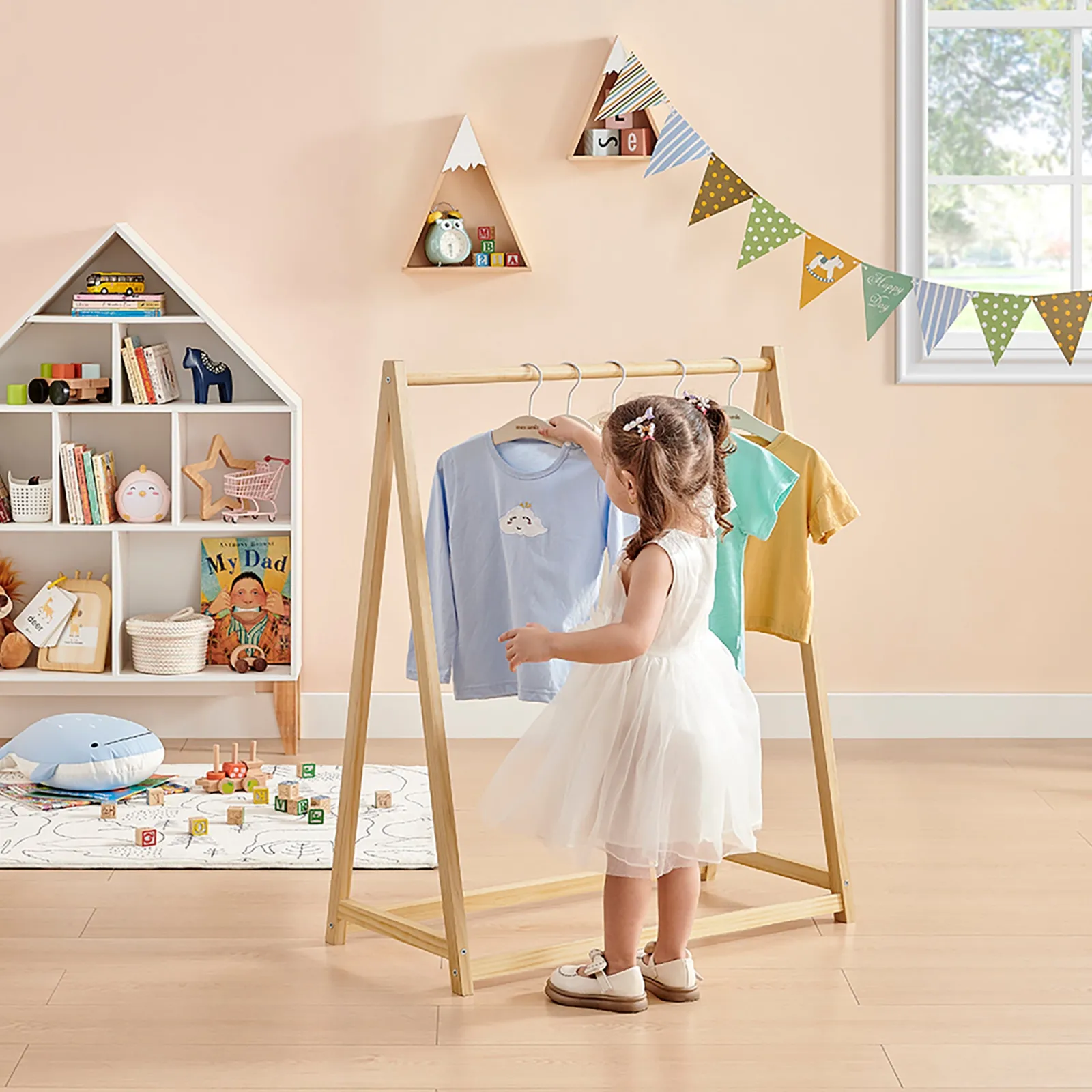 Kinder Little Helper 100 % ökologische Kleiderstange aus natürlichem Kiefernholz für Montessori-Übungen | Kleiderstange zum Anziehen | Natur | 96 cm hoch