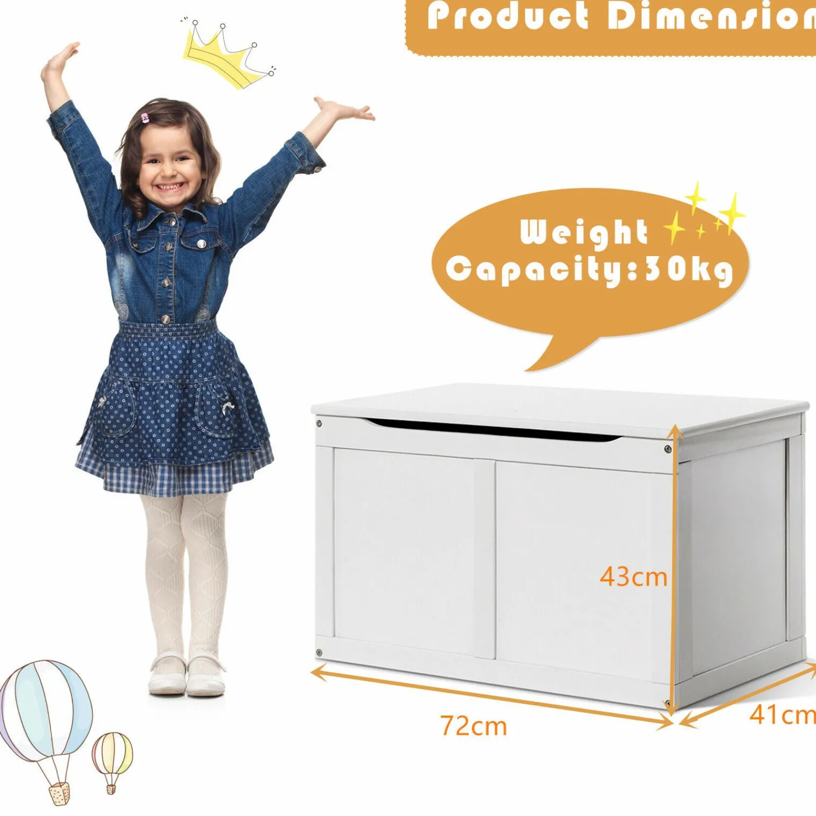 Kinder Little Helper Ökologische Montessori-Spielzeugkiste aus Holz für Kinder mit langsam öffnendem Sicherheitsscharnier | Weiß | 72 cm
