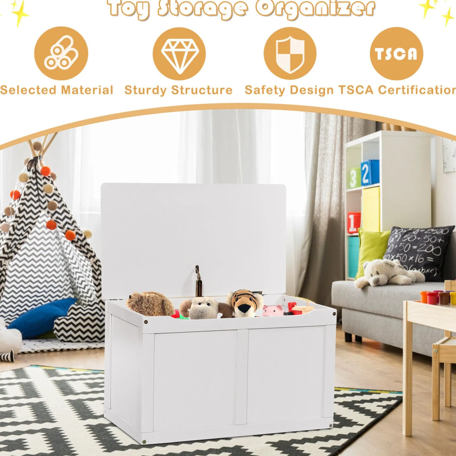 Kinder Little Helper Ökologische Montessori-Spielzeugkiste aus Holz für Kinder mit langsam öffnendem Sicherheitsscharnier | Weiß | 72 cm