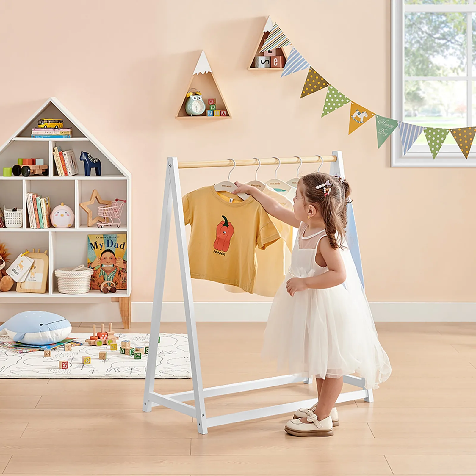 Kinder Little Helper 100 % ökologische, natürliche Montessori-Kleiderstange aus Kiefernholz | Kleiderstange | Natur/Weiß | 96cm hoch