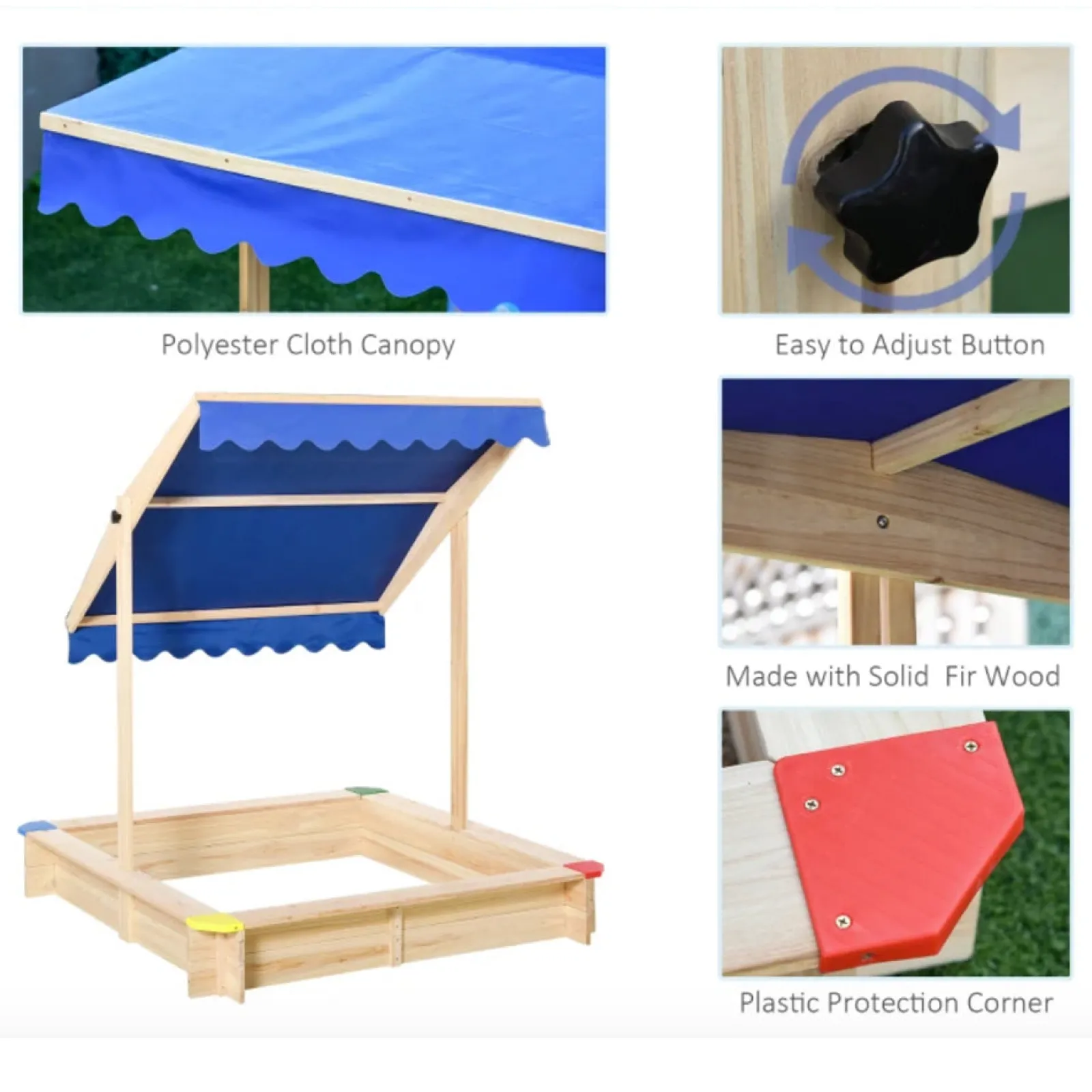 Little Helper Ökologischer Sandkasten aus massivem Tannenholz für Kinder mit UV- und wasserdichtem verstellbarem Dach | Blau | 1,2 m im Quadrat
