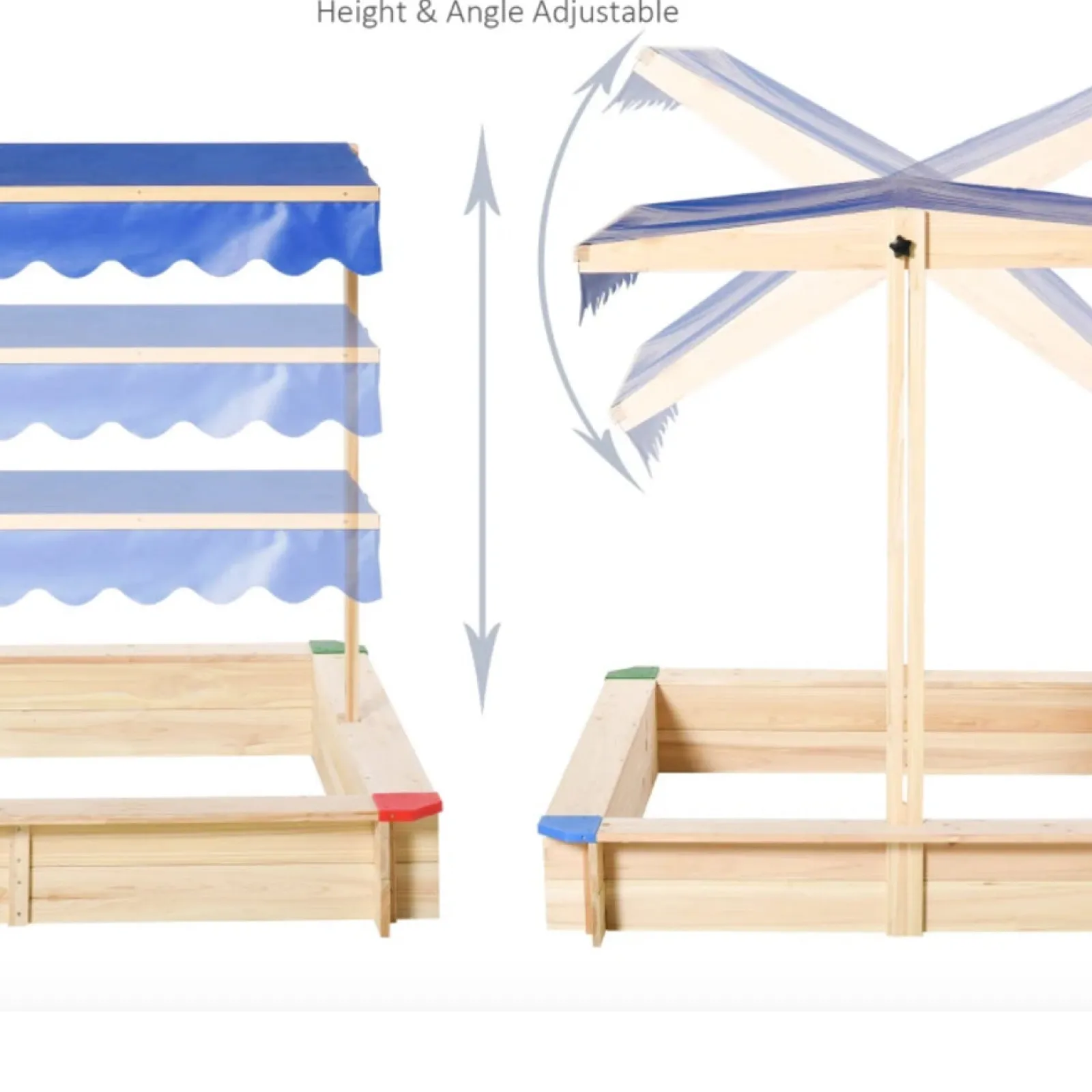 Little Helper Ökologischer Sandkasten aus massivem Tannenholz für Kinder mit UV- und wasserdichtem verstellbarem Dach | Blau | 1,2 m im Quadrat