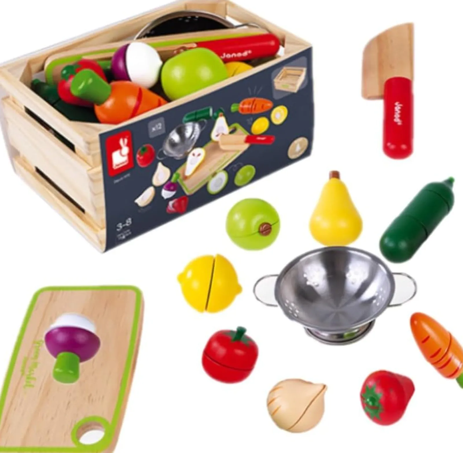 Kinder Little Helper 100 % Ökologisches Deluxe-Montessori-Obst- Und Gemüse-Spiellebensmittelset Für Kinder | Mini-Sieb | Kindermesser | Schneidebrett Und Kiste