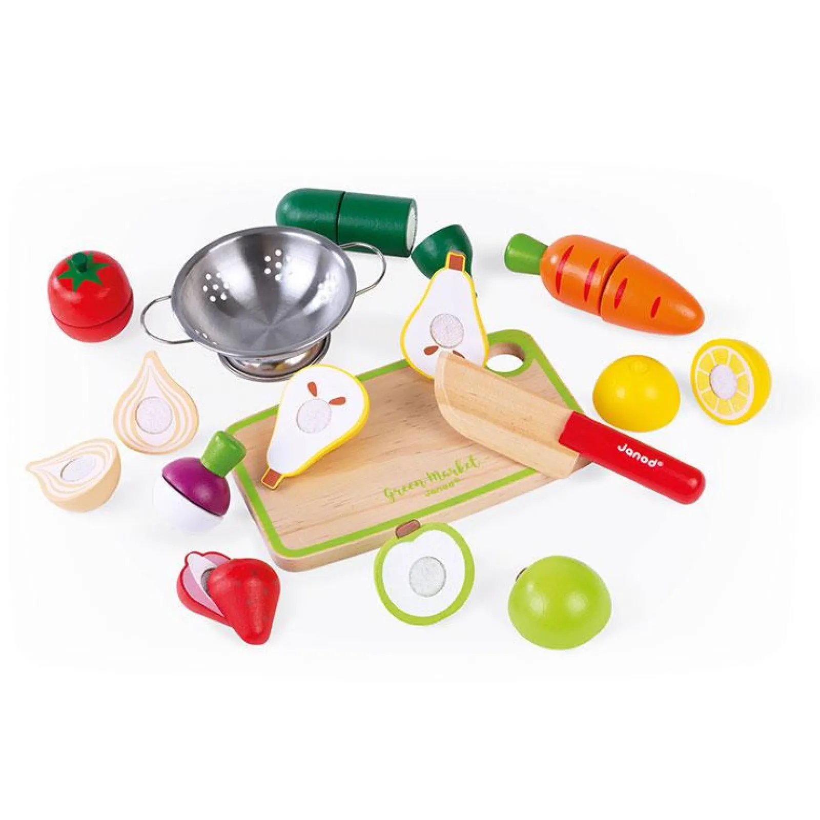 Kinder Little Helper 100 % Ökologisches Deluxe-Montessori-Obst- Und Gemüse-Spiellebensmittelset Für Kinder | Mini-Sieb | Kindermesser | Schneidebrett Und Kiste
