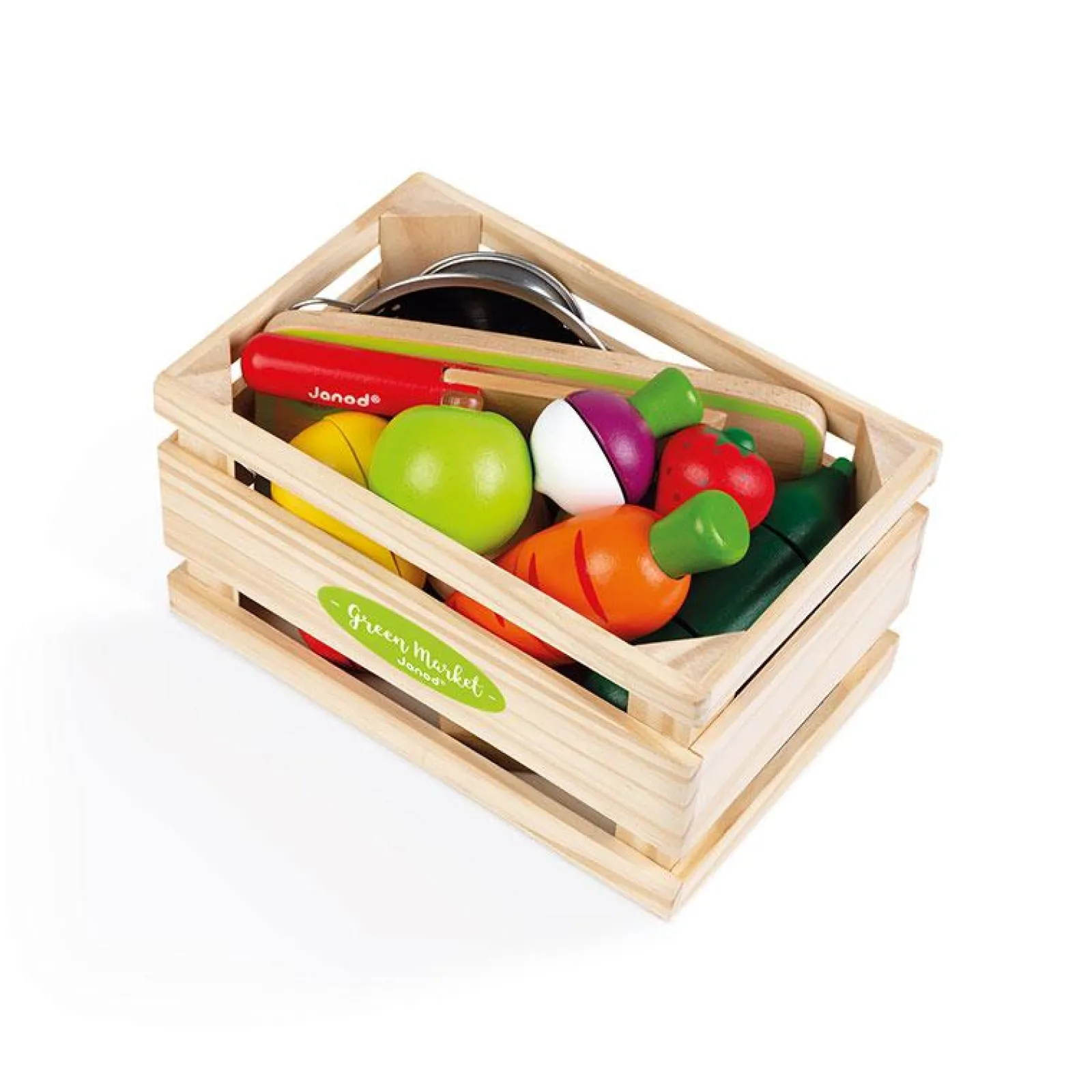 Kinder Little Helper 100 % Ökologisches Deluxe-Montessori-Obst- Und Gemüse-Spiellebensmittelset Für Kinder | Mini-Sieb | Kindermesser | Schneidebrett Und Kiste