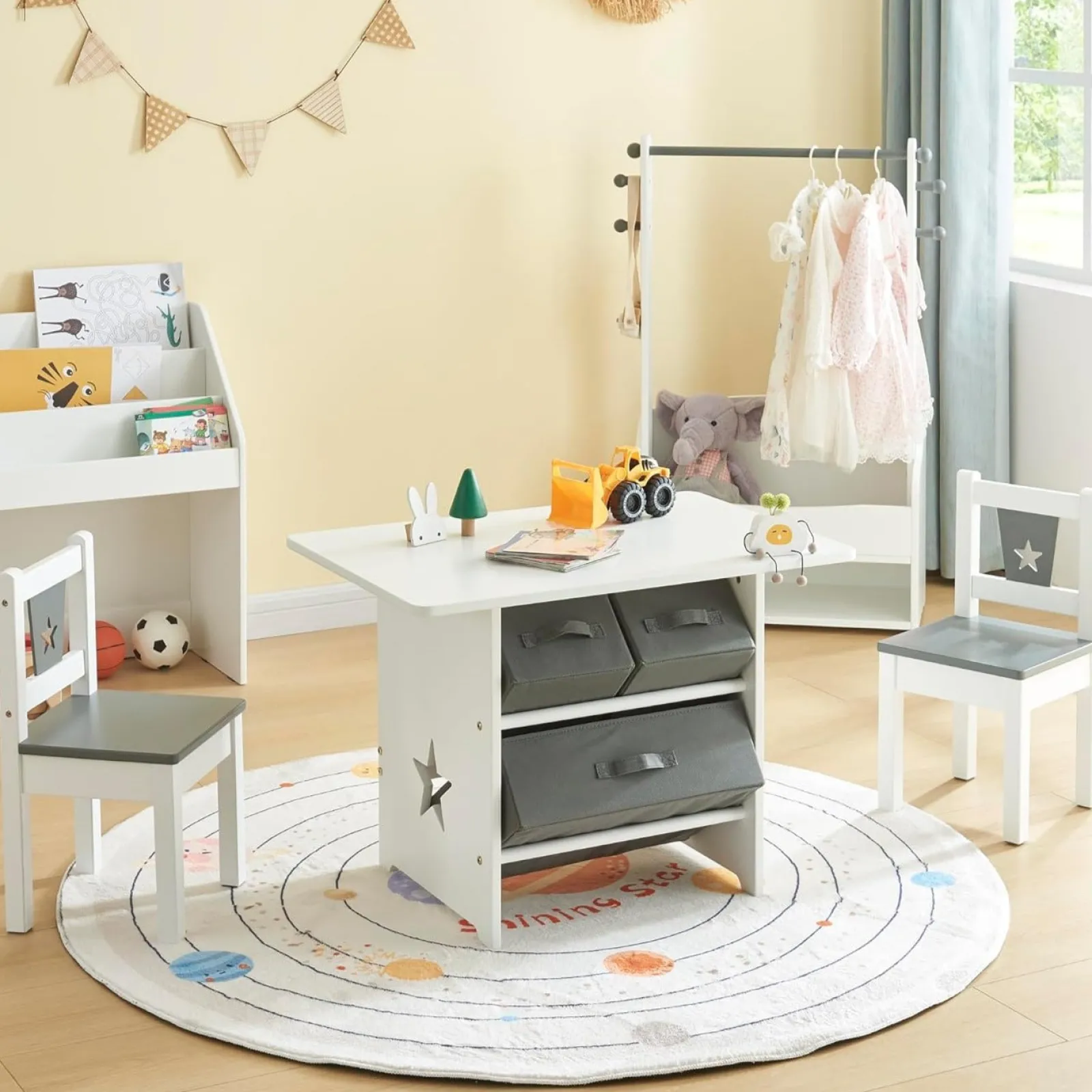 Kinder Little Helper Kratzfester Montessori-Tisch und 2 Stühle im Set | Große Schubladen | Weiß und Grau