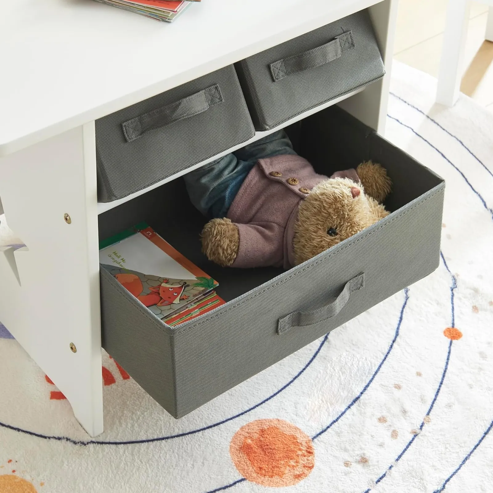 Kinder Little Helper Kratzfester Montessori-Tisch und 2 Stühle im Set | Große Schubladen | Weiß und Grau
