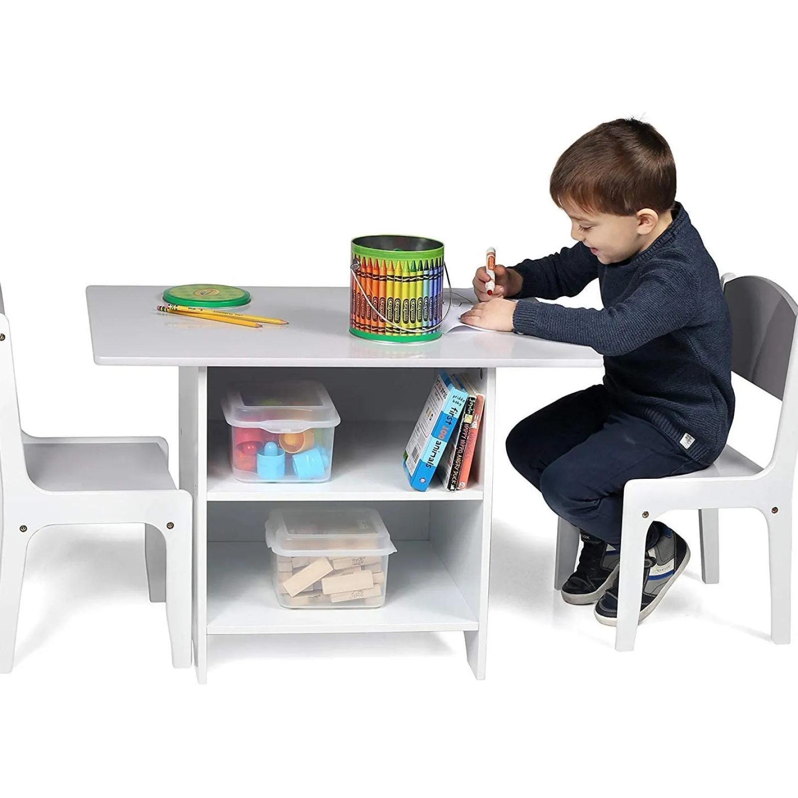 Kinder Little Helper Kratzfestes Holztisch- und 2-Stühle-Set für Kinder mit großen Schubladen | Weiß und Grau