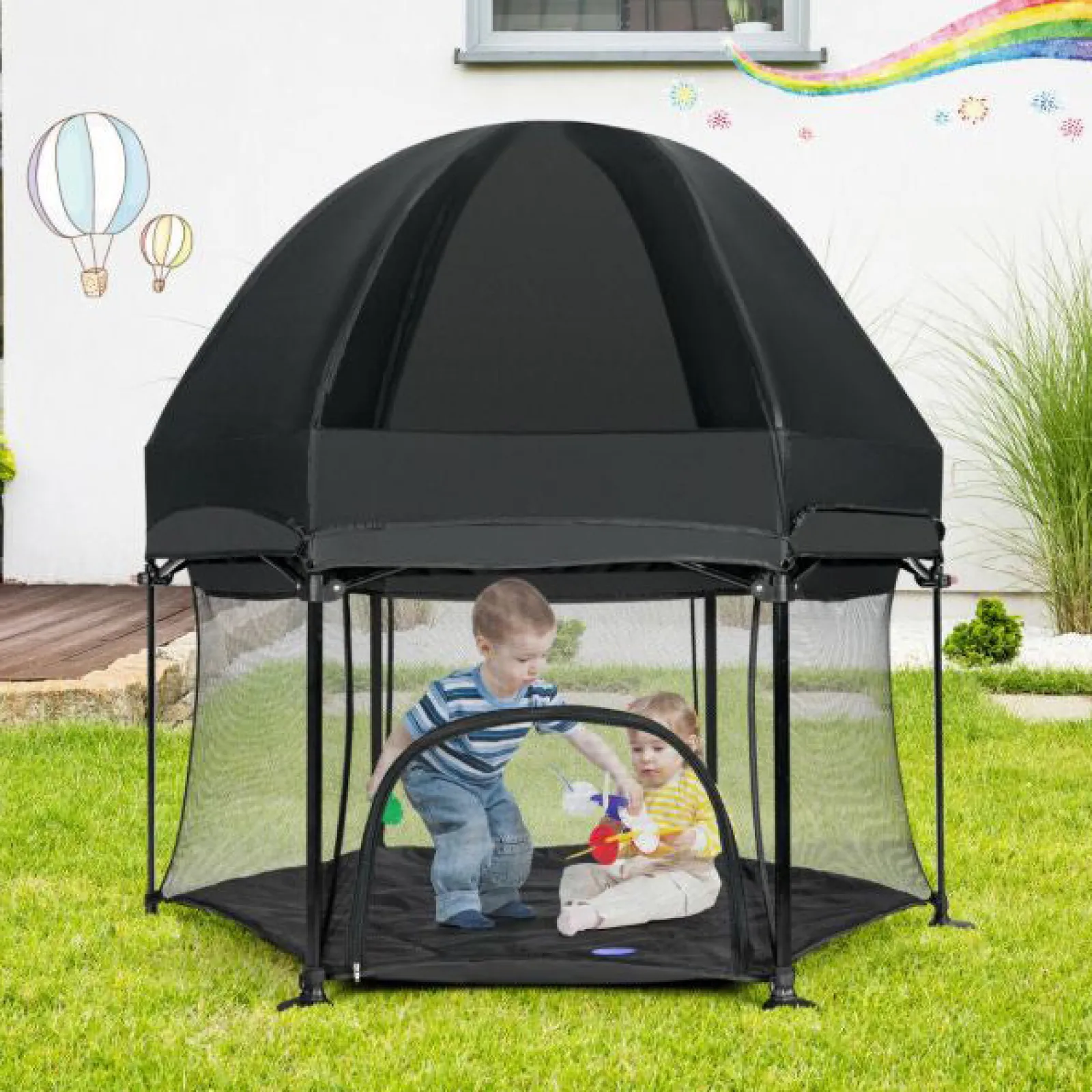 Kinder Little Helper Leichter, schnell montierbarer Pop-up-Laufstall mit UV-Baldachin und Matratze | Schwarz oder Hellgrau | 0m - 36m