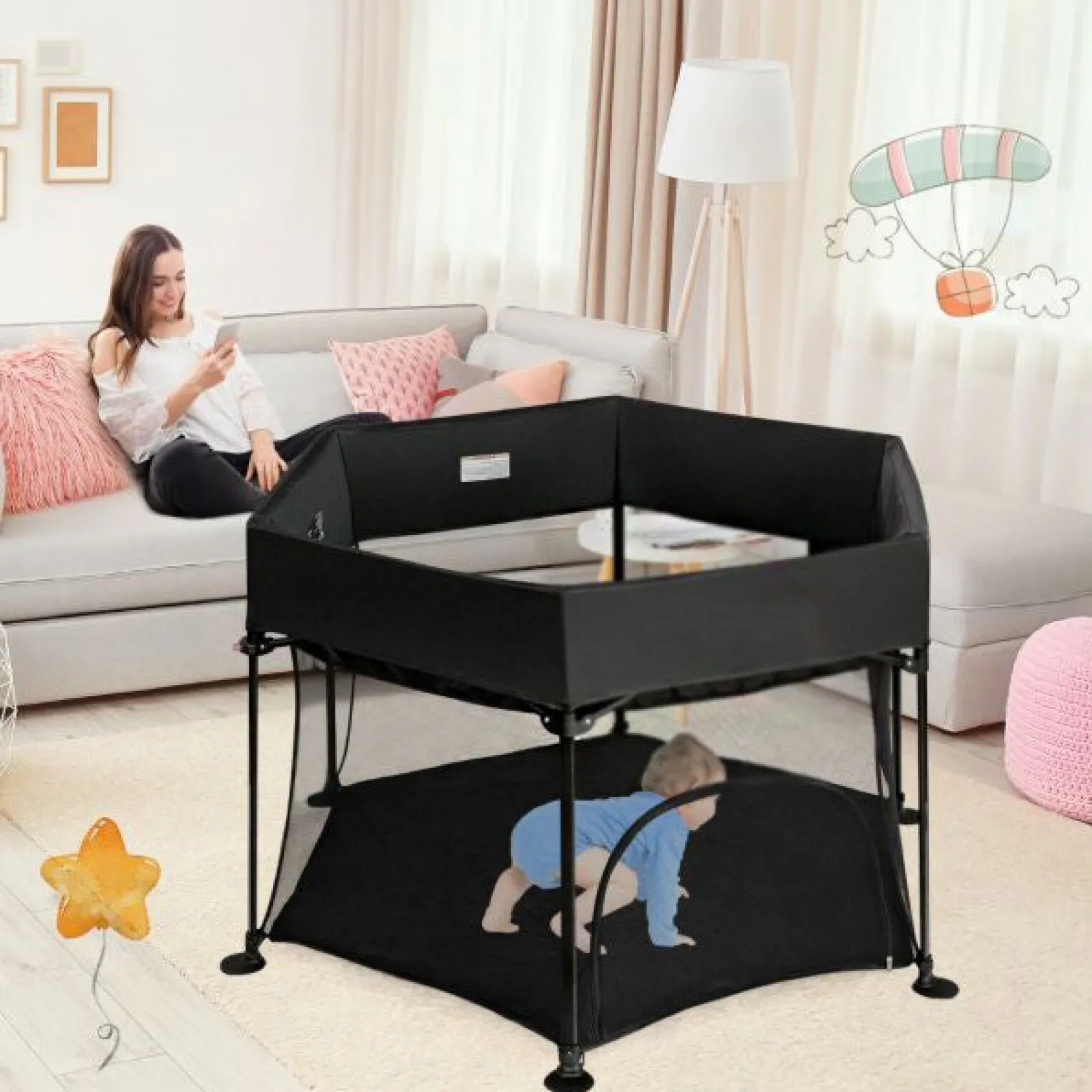 Kinder Little Helper Leichter, schnell montierbarer Pop-up-Laufstall mit UV-Baldachin und Matratze | Schwarz oder Hellgrau | 0m - 36m