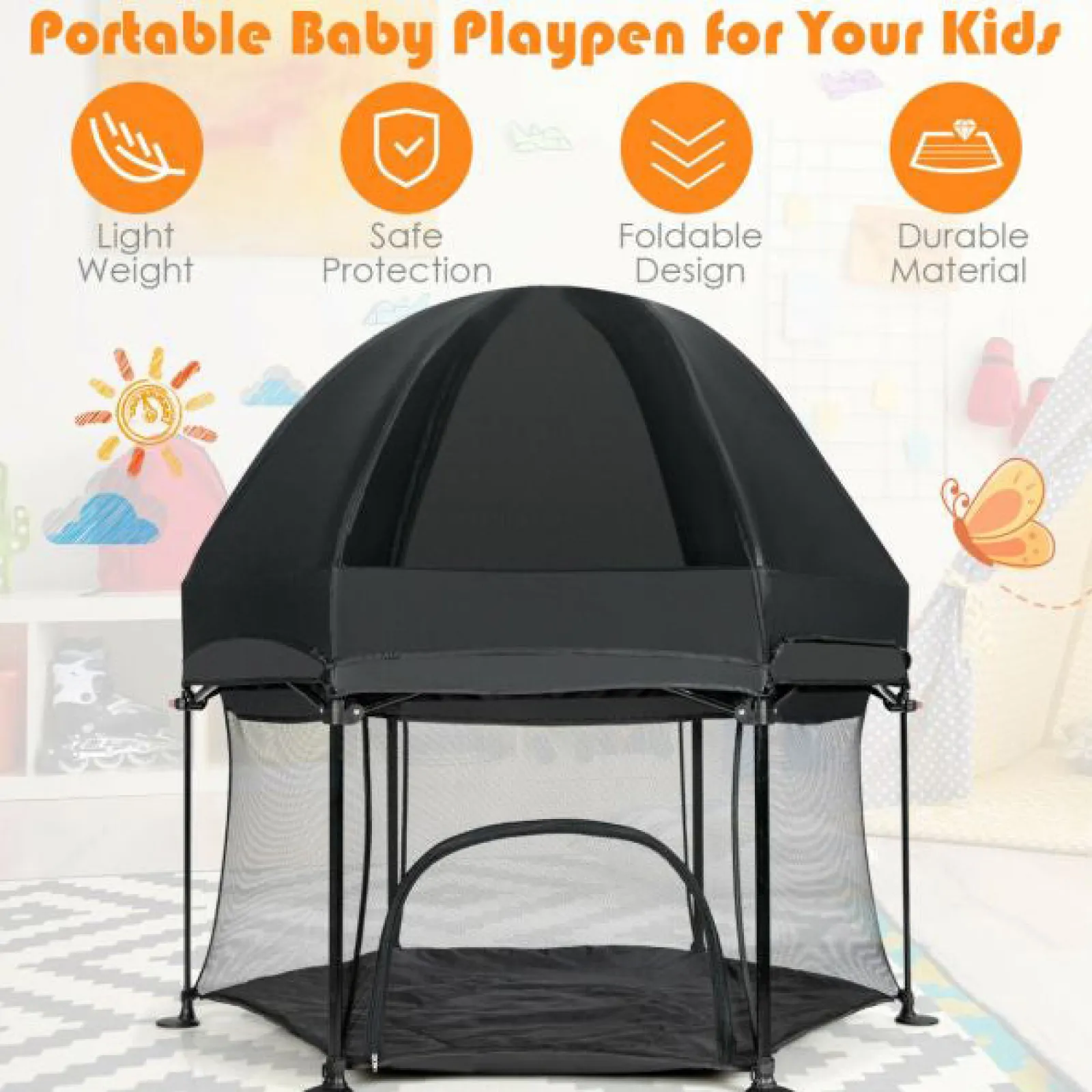 Kinder Little Helper Leichter, schnell montierbarer Pop-up-Laufstall mit UV-Baldachin und Matratze | Schwarz oder Hellgrau | 0m - 36m