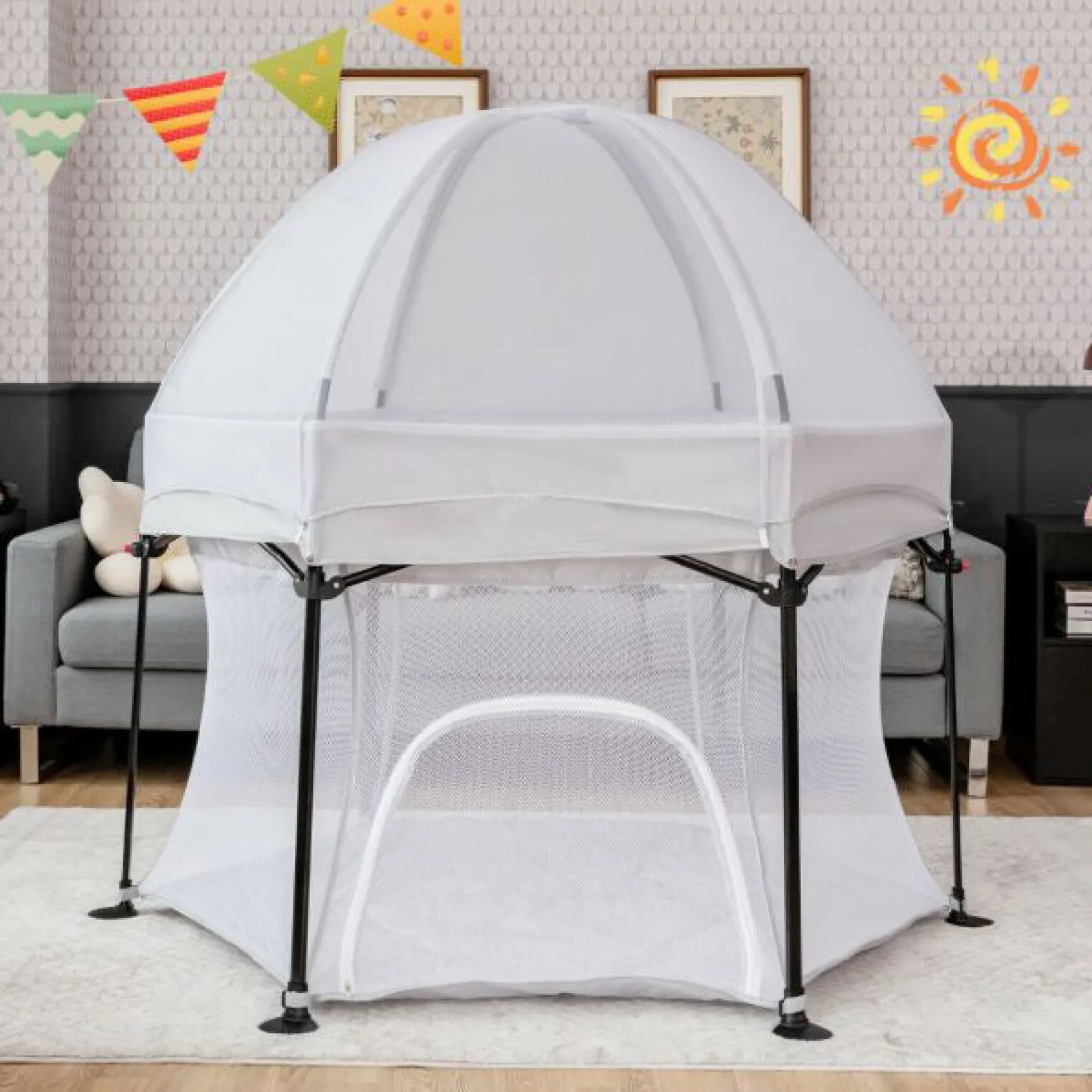 Kinder Little Helper Leichter, schnell montierbarer Pop-up-Laufstall mit UV-Baldachin und Matratze | Schwarz oder Hellgrau | 0m - 36m