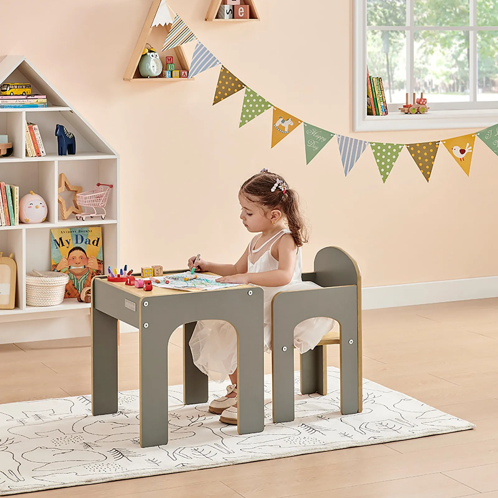 Kinder Little Helper Holztisch und Stuhl für Kleinkinder für Kunst, Handwerk und Essen | Grau/Natur